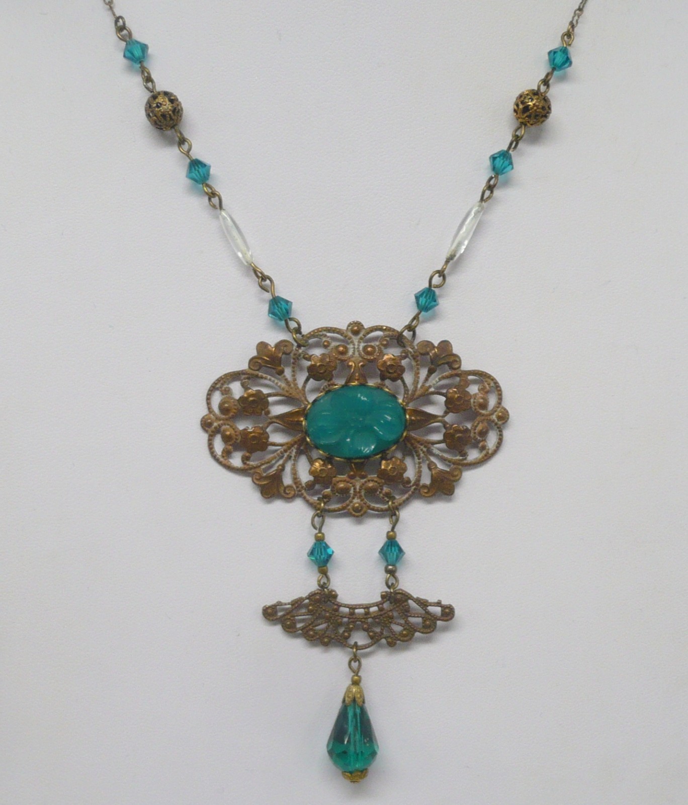 Estate Vintage Czech Ornate Green Molded Glass Beaded Brass Filigree Necklace Estate Vintage Czech Ornate Green Molded Glass Beaded Brass Filigree Necklace