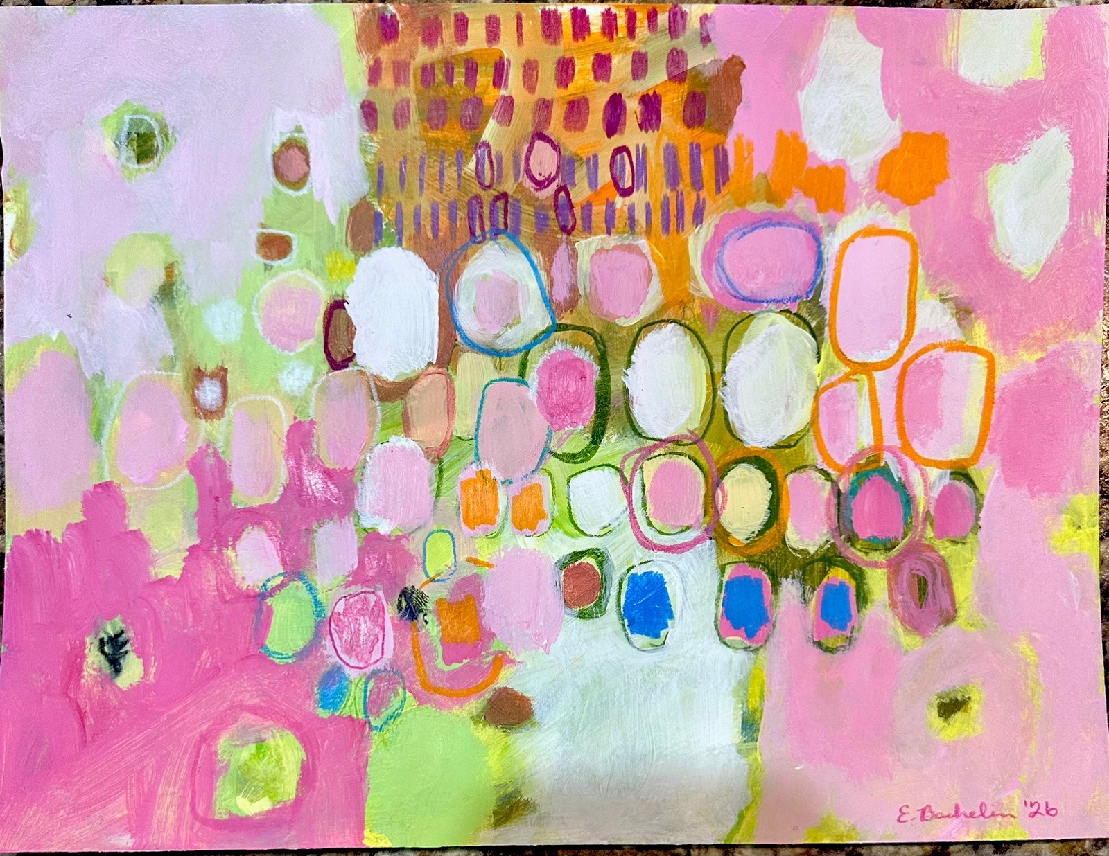 Emilia Bachelier Pink Abstract Painting 9x12” Original on Paper