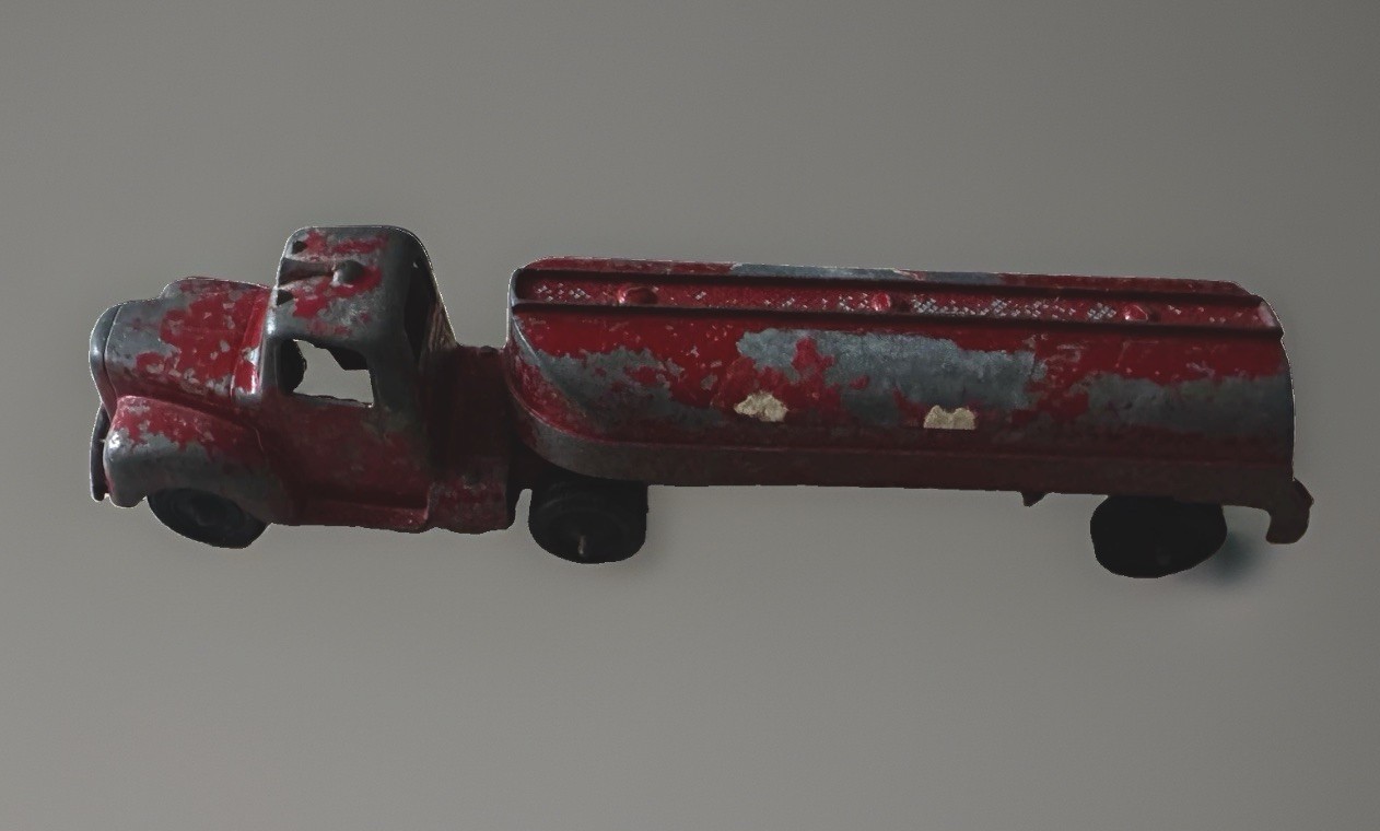 vintage red diecast toy semi truck w/ detachable trailer 2-piece 1940/50s