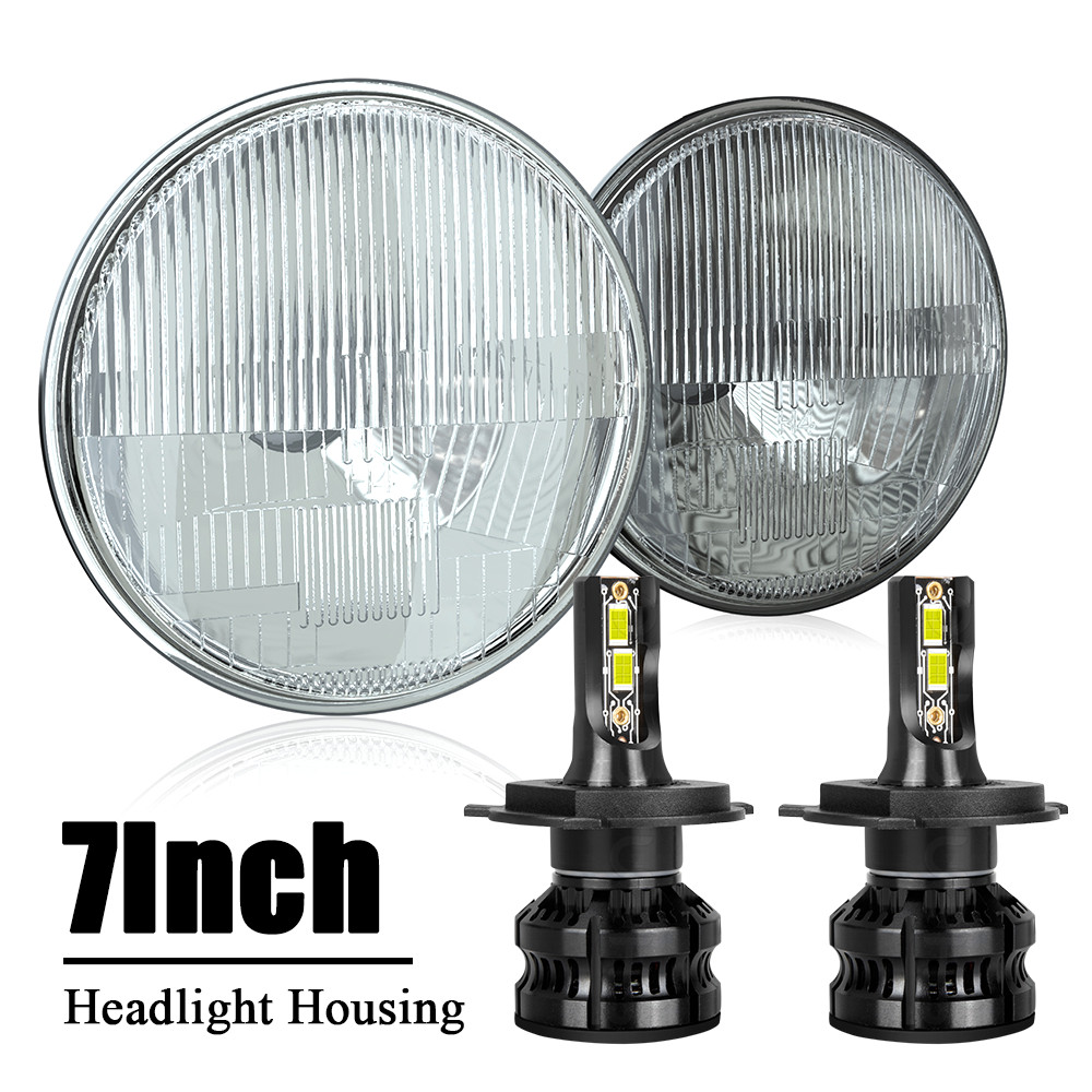 Pair H4 7 Inch led GLASS Headlight Round, ORIGINAL CLASSIC LOOK Conversion Kit