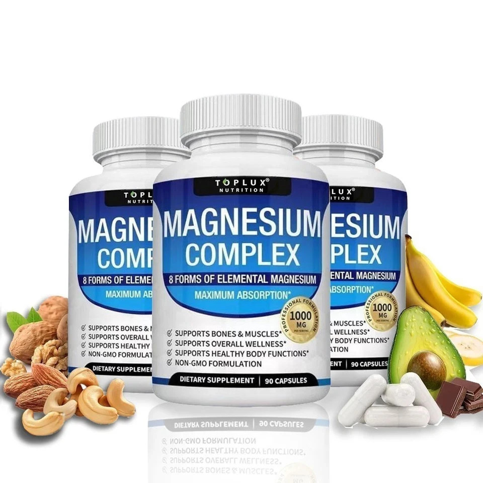 New 3X Toplux Nutrition Magnesium Complex 1000mg Supports 8 Elemental Magnesium