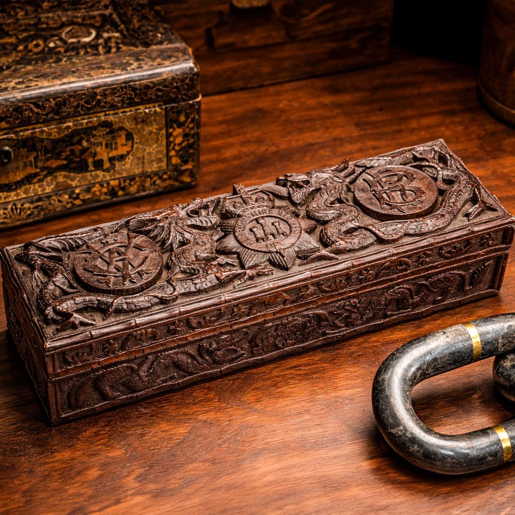 Stunning Hand Carved Anglo Chinese Antique Carved Wood Box Devonshire Militaria