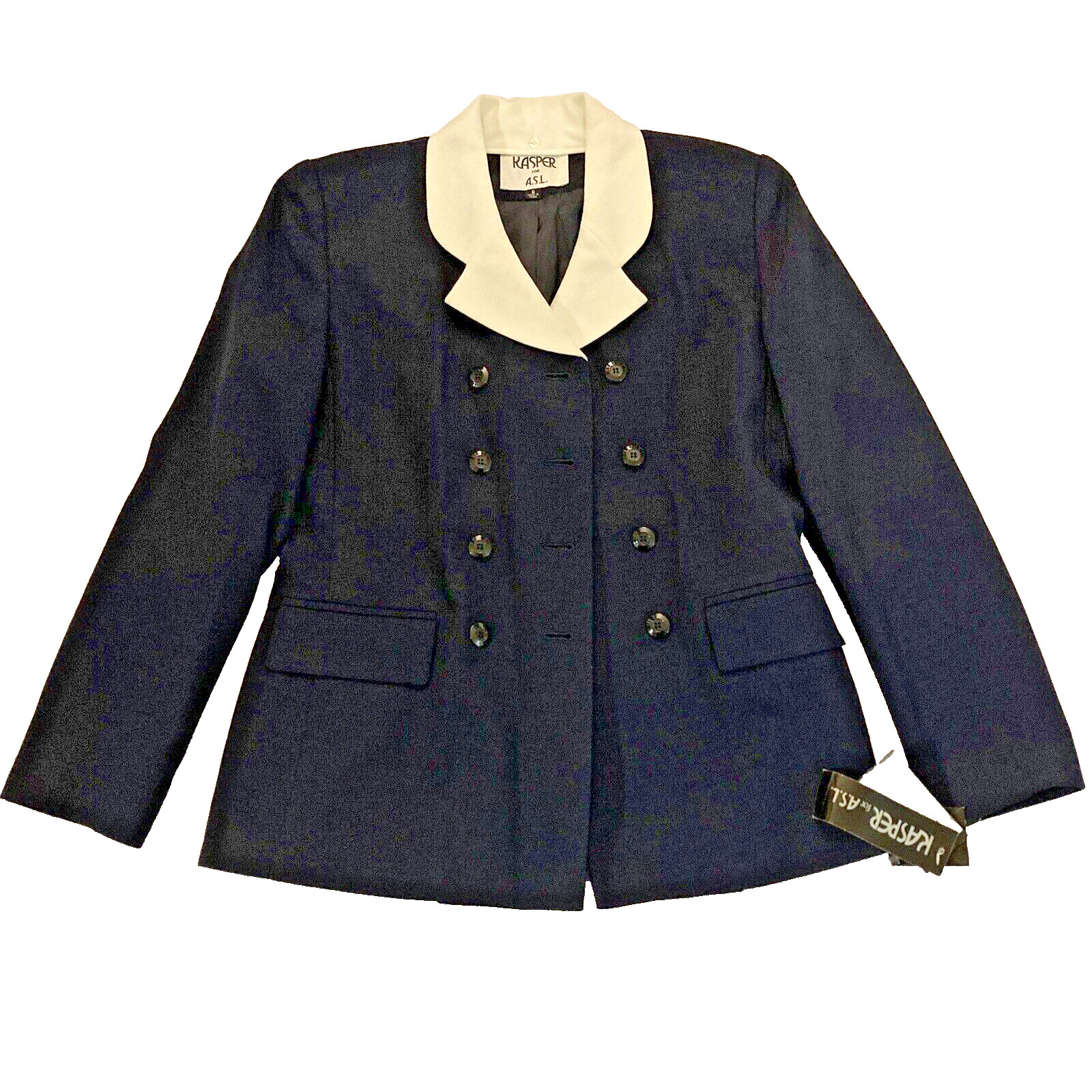 Kasper A.S.L. Women\'s Silk Blazer Navy White Collar Button Size 6 NEW $189 Kasper A.S.L. Women\'s Silk Blazer Navy White Collar Button Size 6 NEW $189