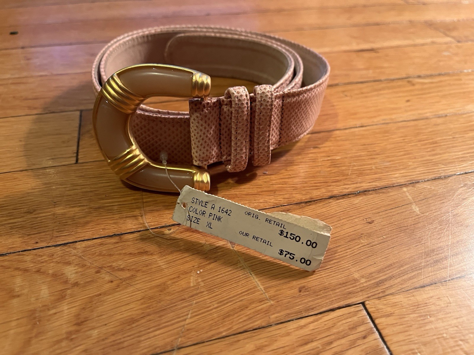 VINTAGE 90s Carlisle Belt Chunky Gold Tone Buckle Pink Snakeskin XL