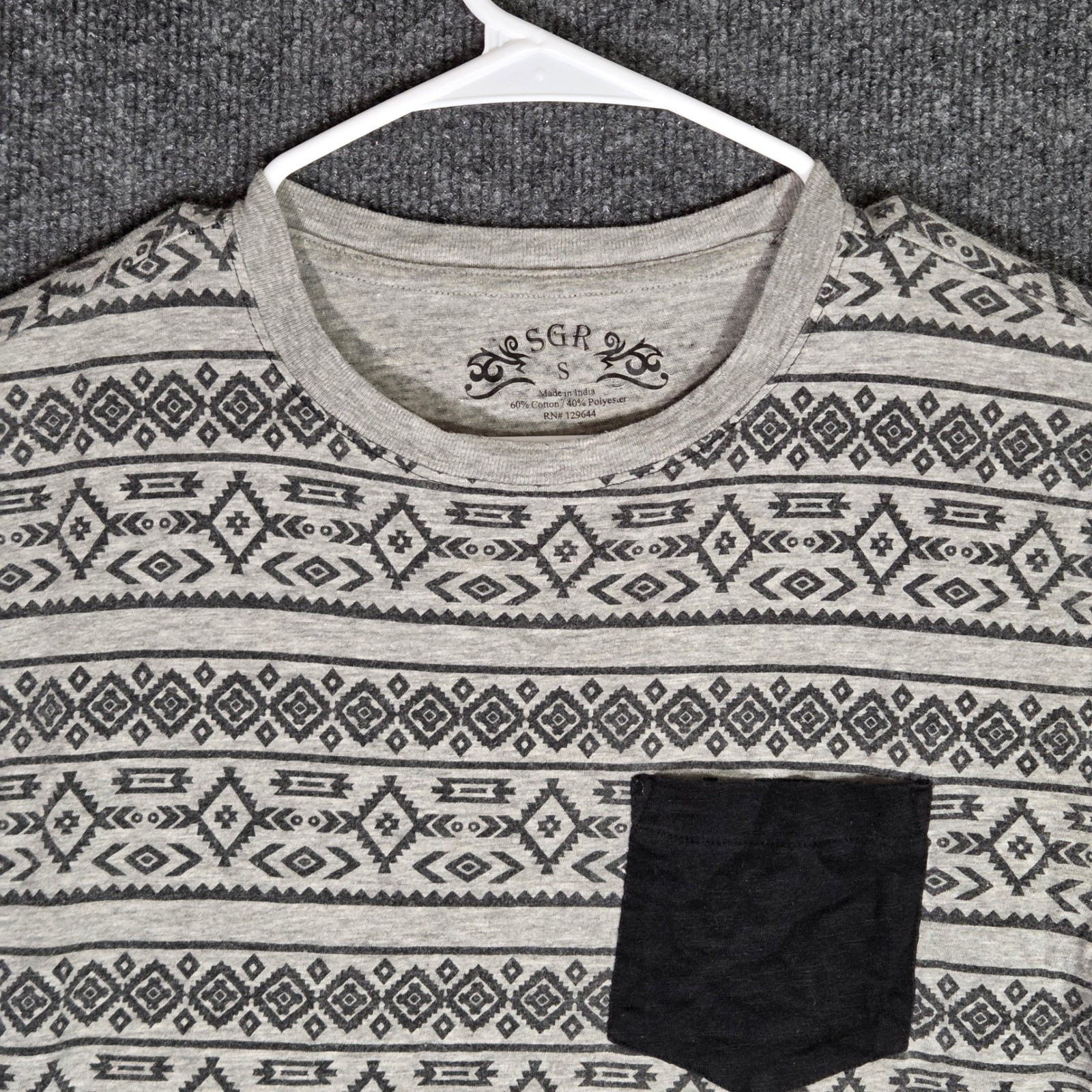 SGR Mens Small T-Shirt Grey Black Tribal Geometric Pattern Pocket Tee Cotton SGR Mens Small T-Shirt Grey Black Tribal Geometric Pattern Pocket Tee Cotton