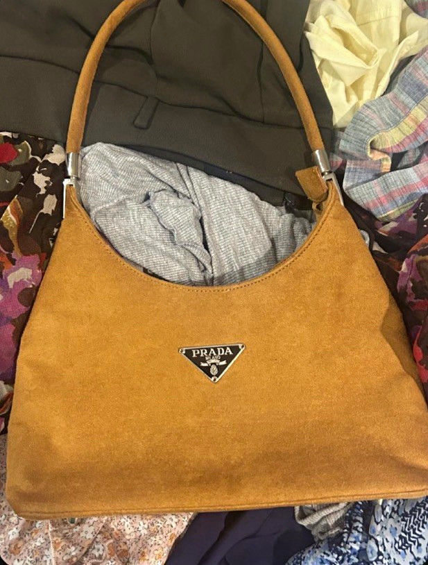 PRADA Milano Tan Shoulder Bag Silver Hardware Triangle Logo Leather Strap Studs