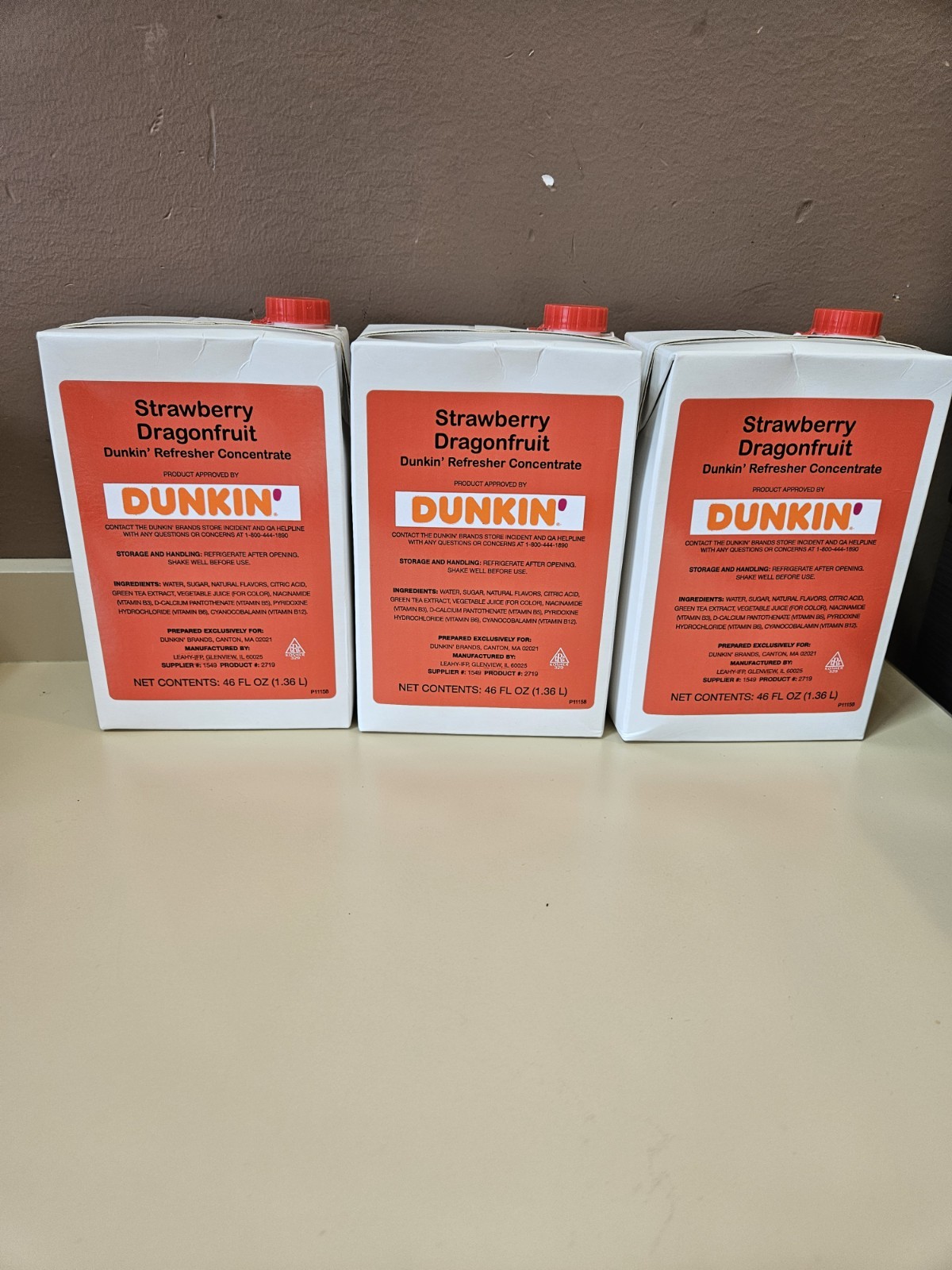 3 Pack Dunkin Strawberry Dragonfruit Refresher Concentrate 46 OZ each 3 Pack Dunkin Strawberry Dragonfruit Refresher Concentrate 46 OZ each