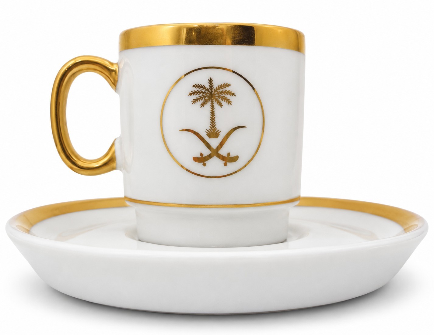 Vintage Saudi Arabia National Emblem Gold Gilt Porcelain Cup & Saucer Souvenir