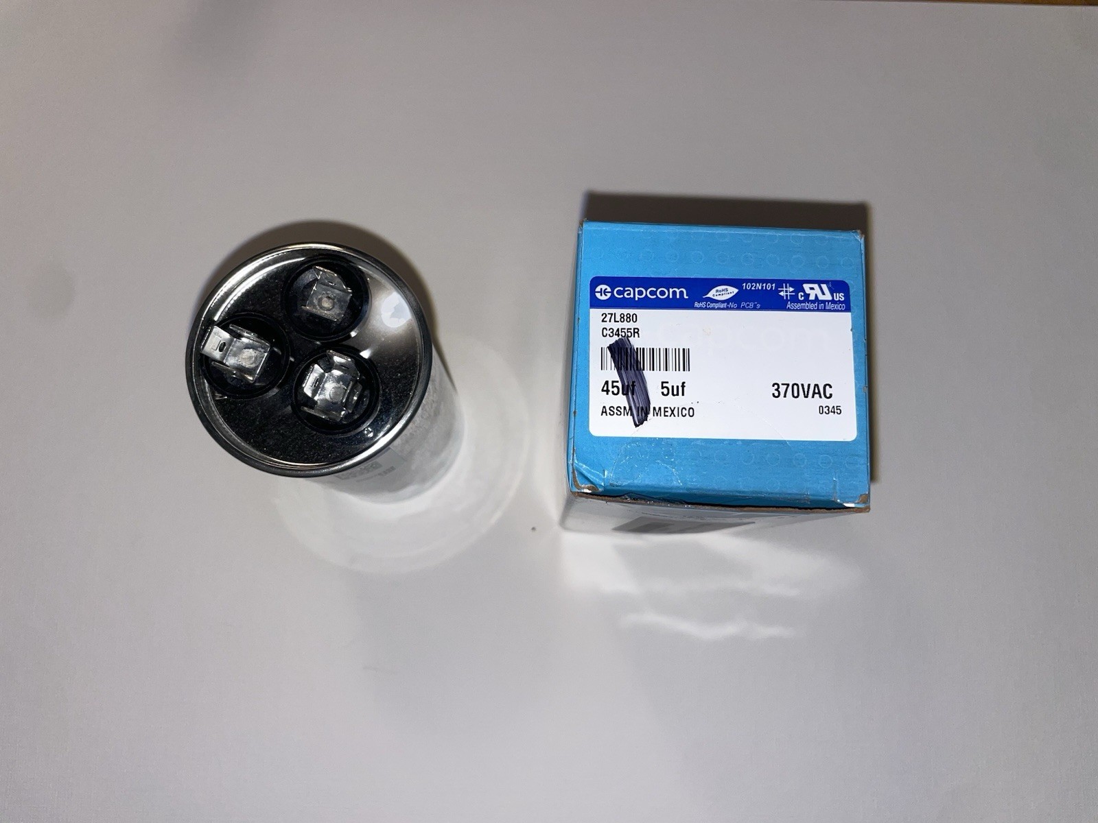 BRAND NEW Capcom Capacitor 45/5 UF for AC, 370 Vac USA HVAC Supply BRAND NEW Capcom Capacitor 45/5 UF for AC, 370 Vac USA HVAC Supply