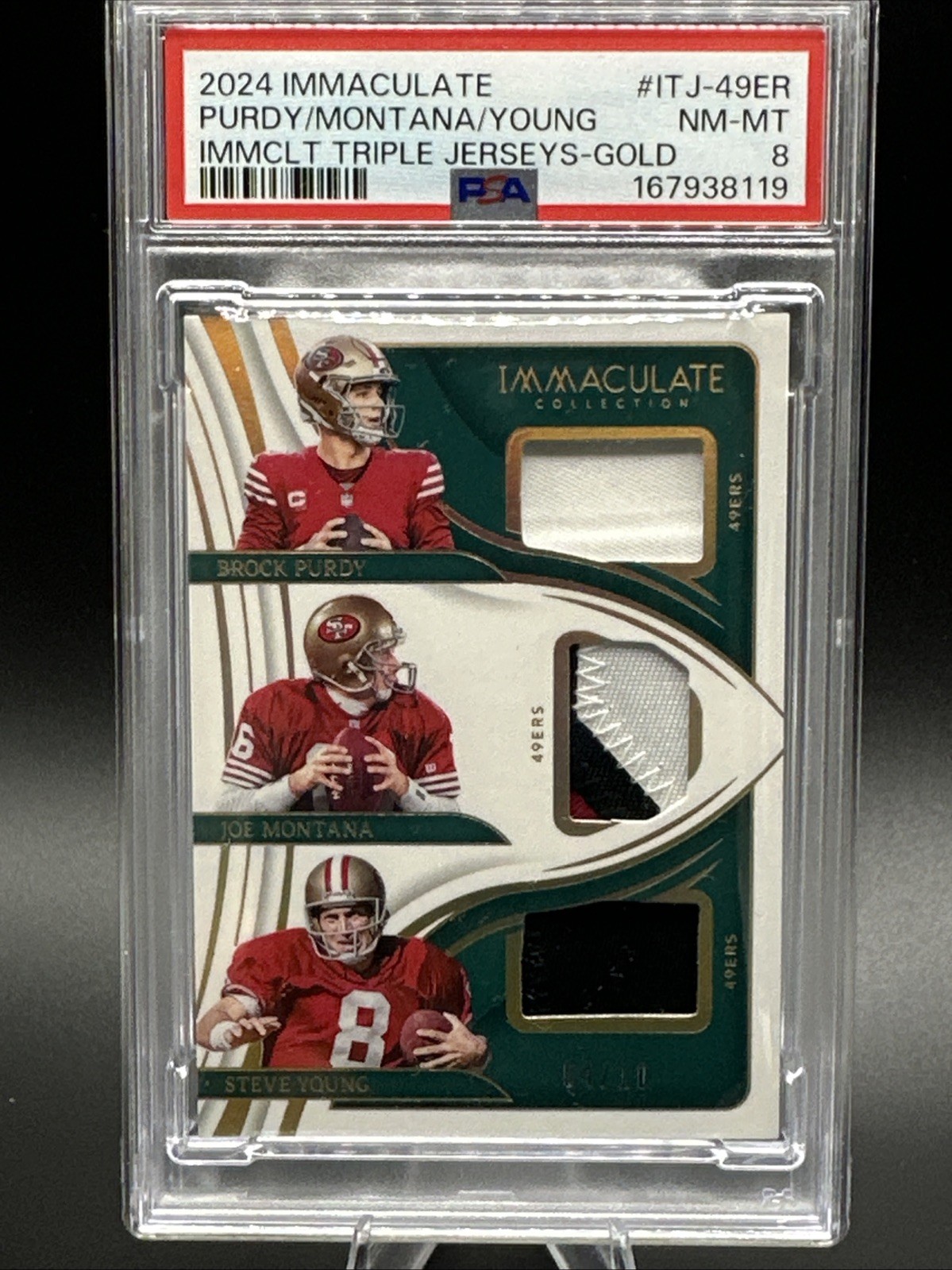 2024 Panini Immaculate - Triple Jerseys GOLD /10 Montana Young Purdy PSA 8 NM-MT