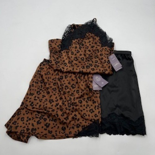 Auden Luxury Collection 3pc Satin Leopard Print Cami Shorts & Black Slip Set NWT