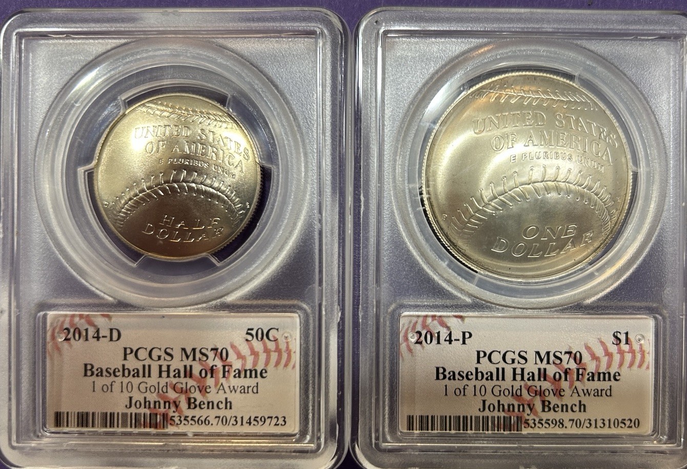 2014 P/D Baseball HOF Silver $ and 50¢. PCGS MS 70 Johnny Bench sign Gold Glove