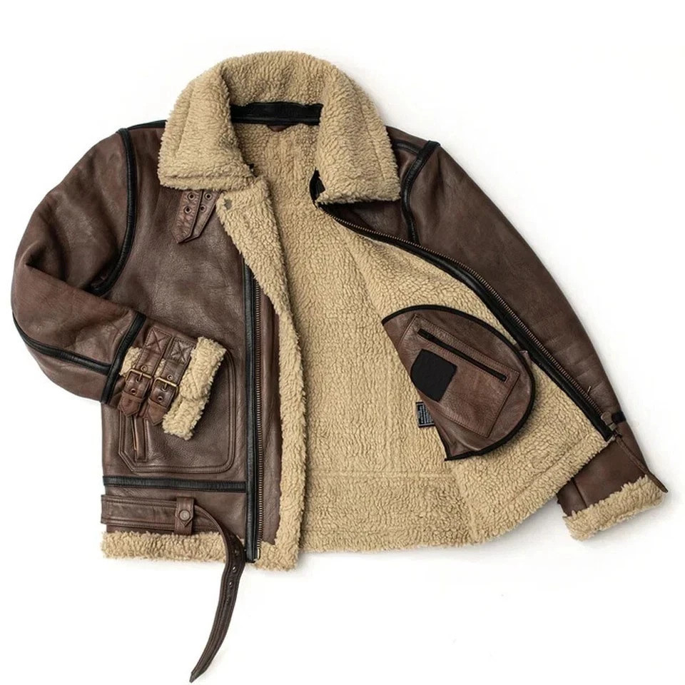 Men\'s RAF B3 SHEEPSKIN BROWN LEATHER AVIATOR WW2 LRVIN FLIGHT BOMBAR COAT JACKET
