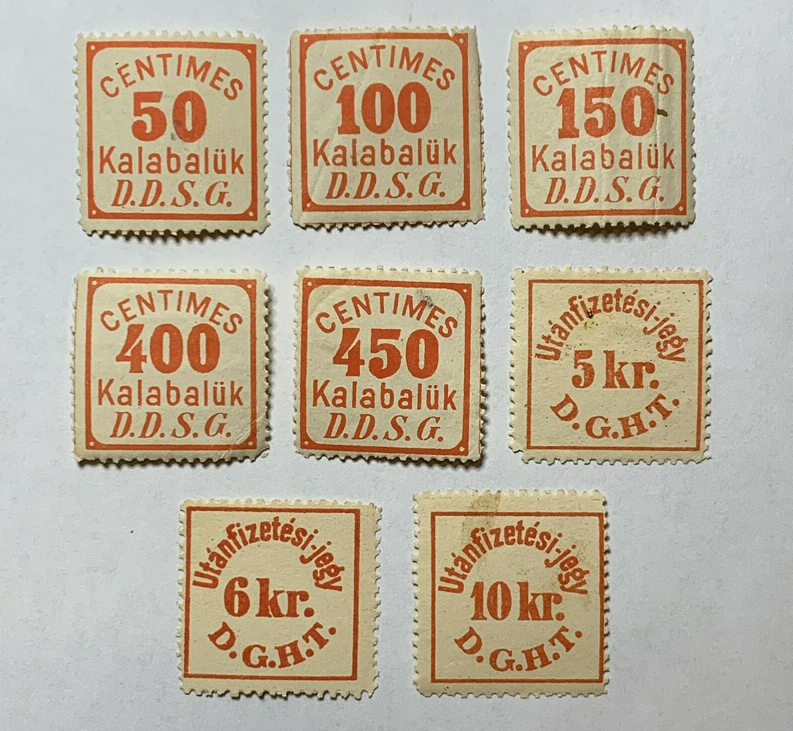 Lot of 8 Kalabalük D.D.S.G. and Utanfizetesi-Jegy Austria Hungary Fiscal Stamps
