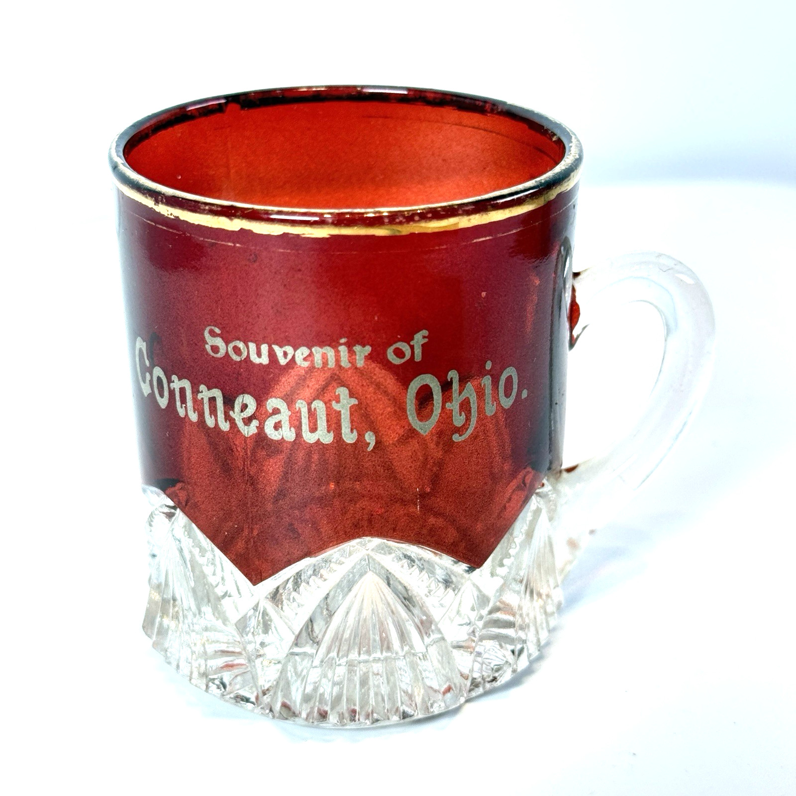 CONNEAUT OHIO OH Ruby Red Flash Souvenir Glass Trinket CUT GLASS CUP