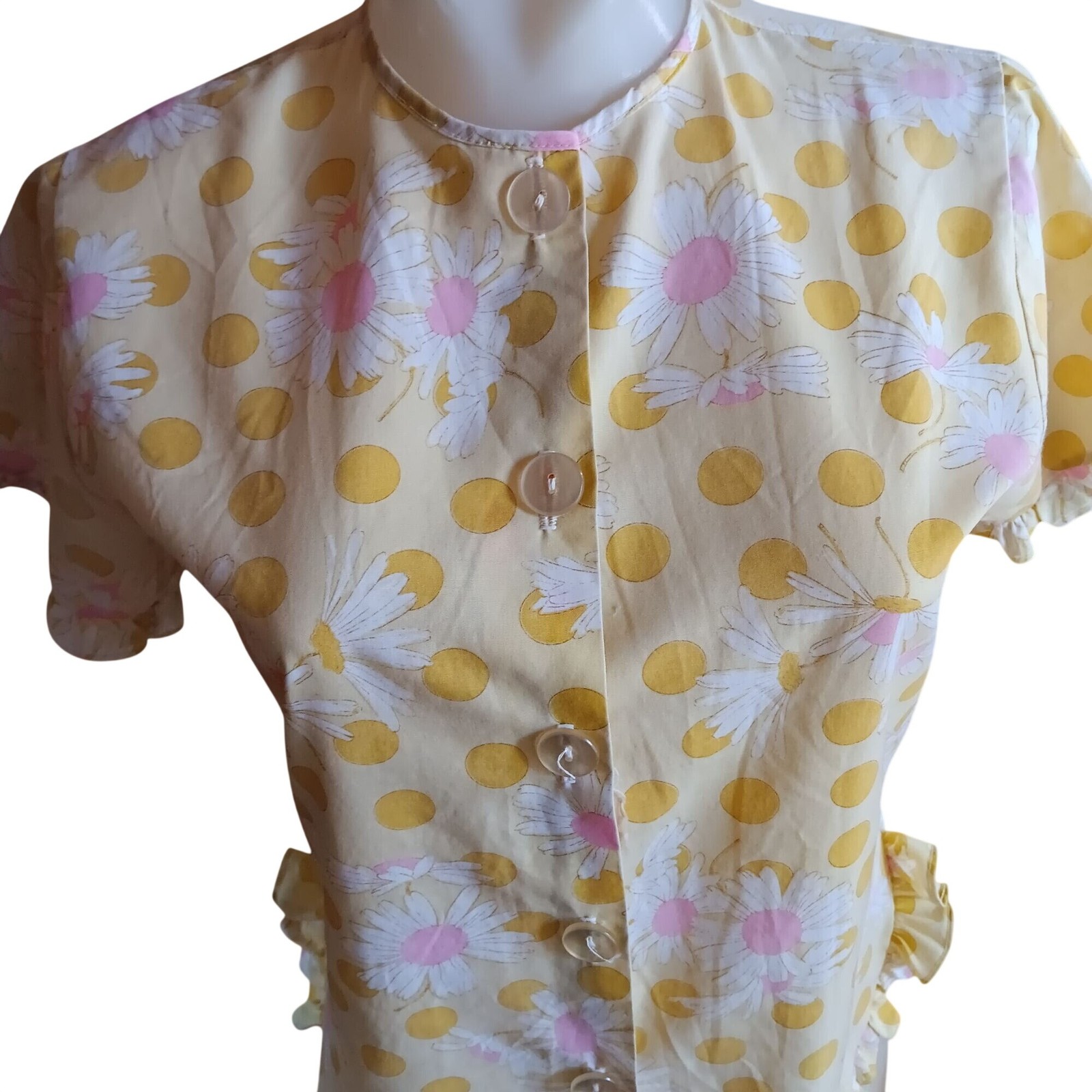 Texas Granny Vintage Small 1960\'s Top Polka Dot Ruffle Trim Waha Yellow 