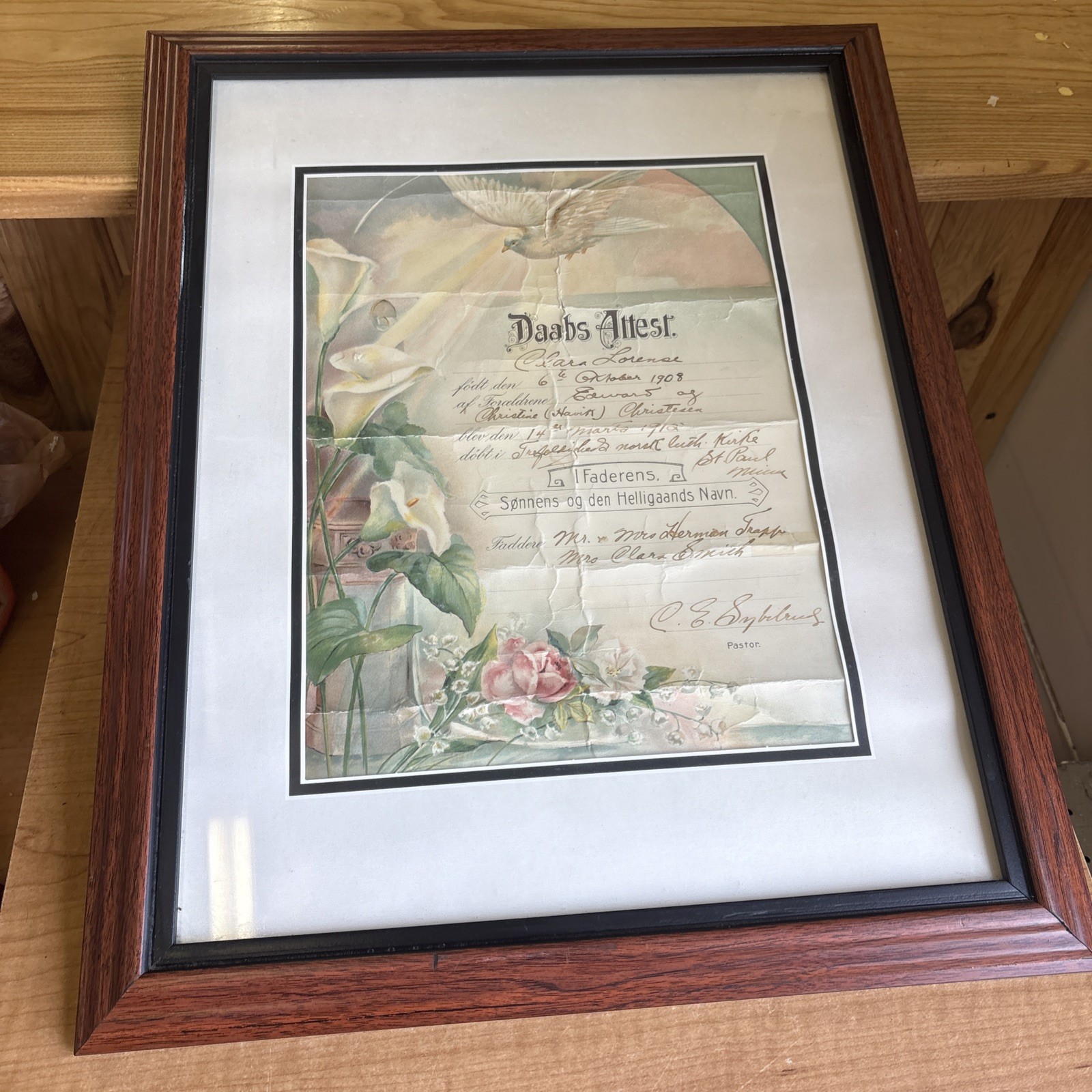 Early 1912 German Baptism Certificate, Framed Early 1912 German Baptism Certificate, Framed