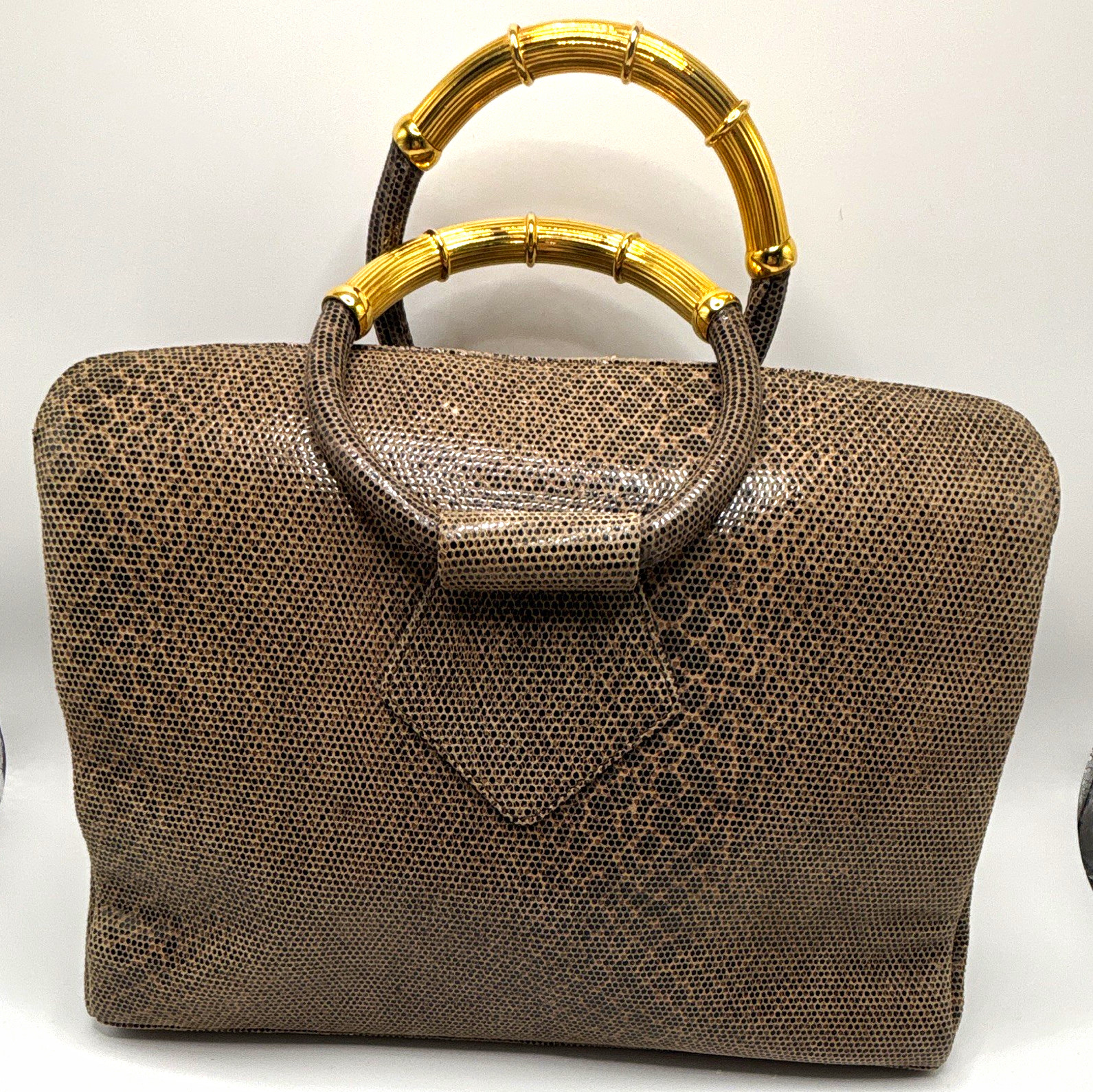 Vintage Rodo Italy Lizard-Texture Leather Handbag Gold Handles Strap Dust Bag Vintage Rodo Italy Lizard-Texture Leather Handbag Gold Handles Strap Dust Bag