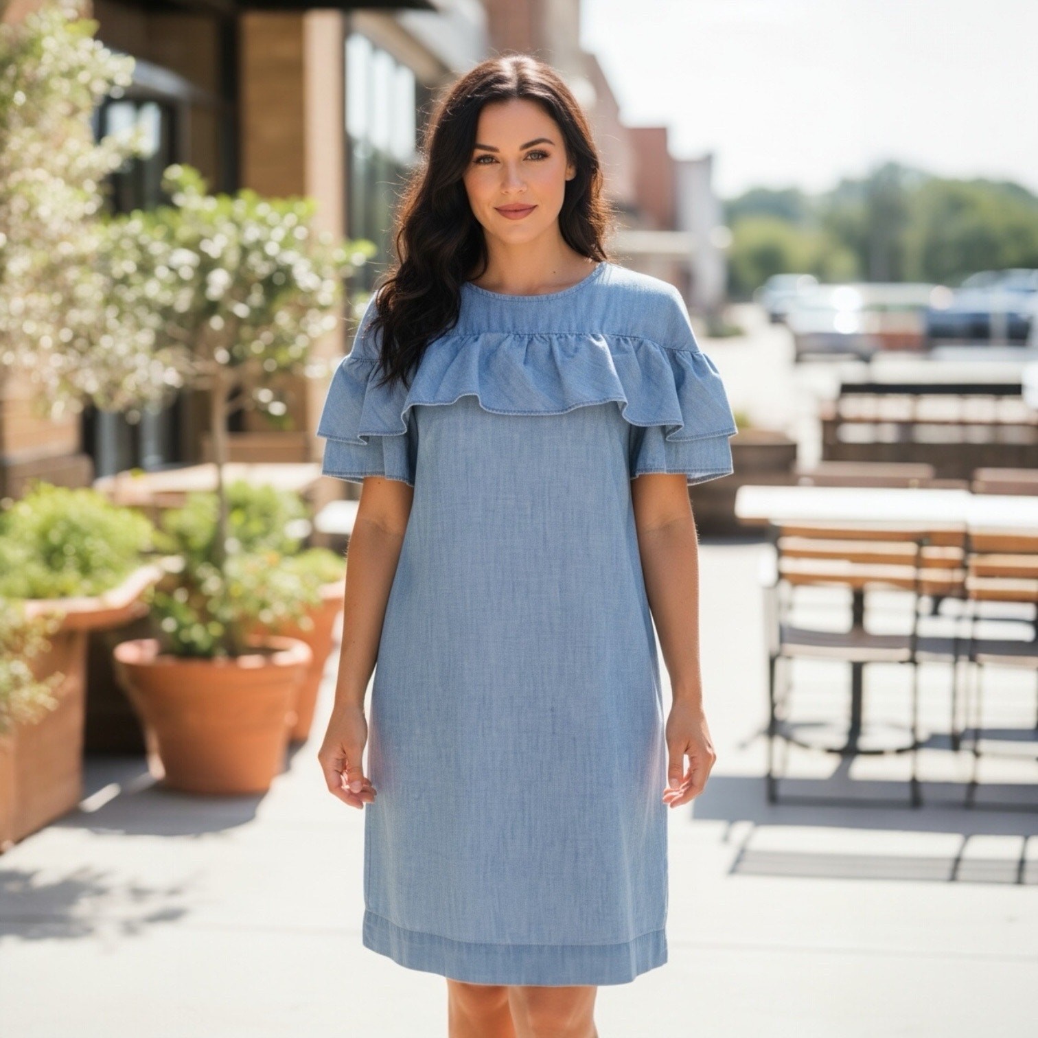 J.Crew Chambray Denim Ruffle Short Sleeve 100% Cotton Shift Dress Size 10 J.Crew Chambray Denim Ruffle Short Sleeve 100% Cotton Shift Dress Size 10