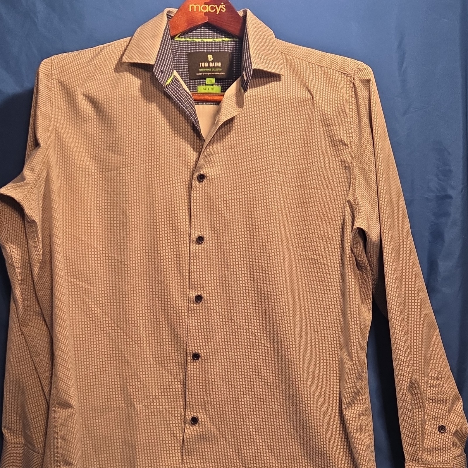 Tom Baine Performance Collection Slim Fit XL Beige Geometric Stretch Dress Shirt