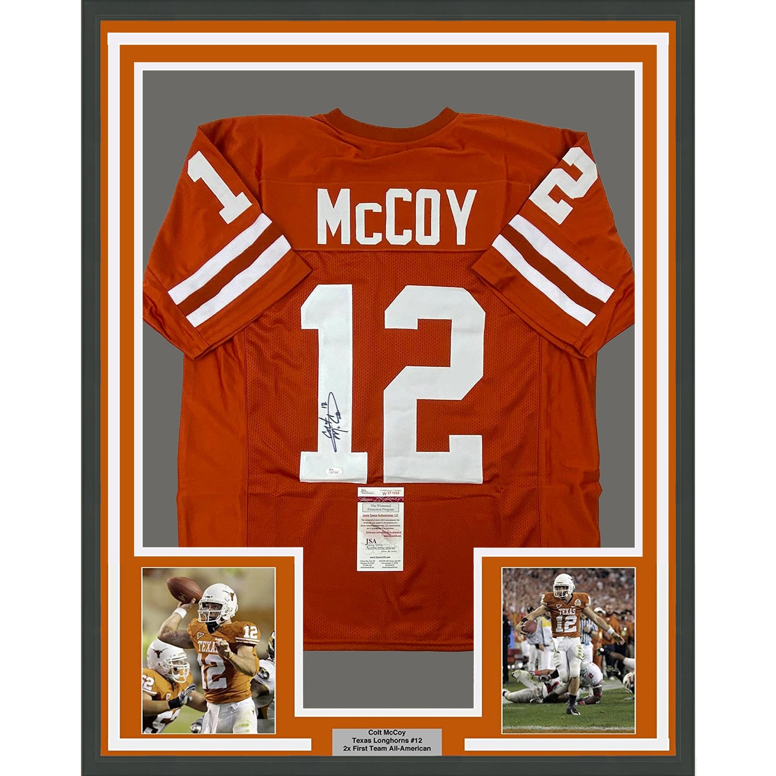 Framed Autographed/Signed Colt McCoy 35x39 Texas Orange Jersey JSA COA
