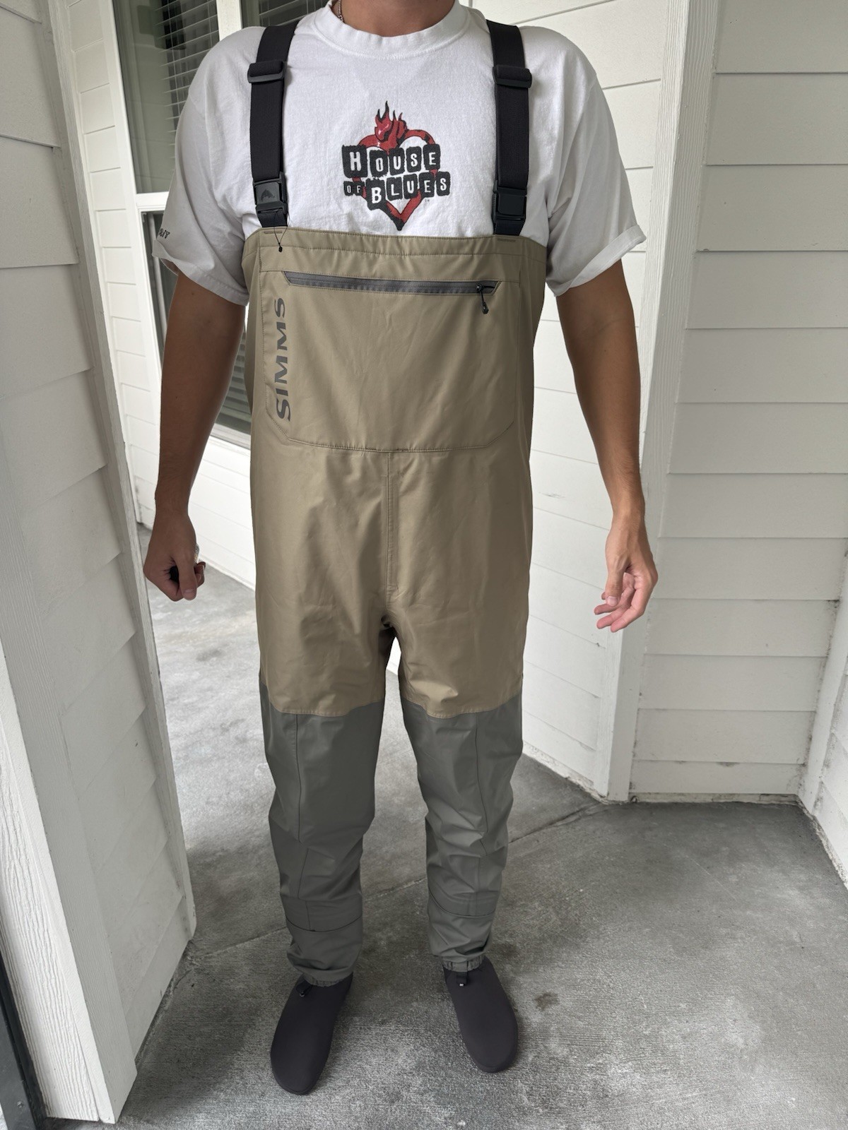 Simms Tributary Stockingfoot Chest Waders Mens Large Tan Fly Fishing 9-11 