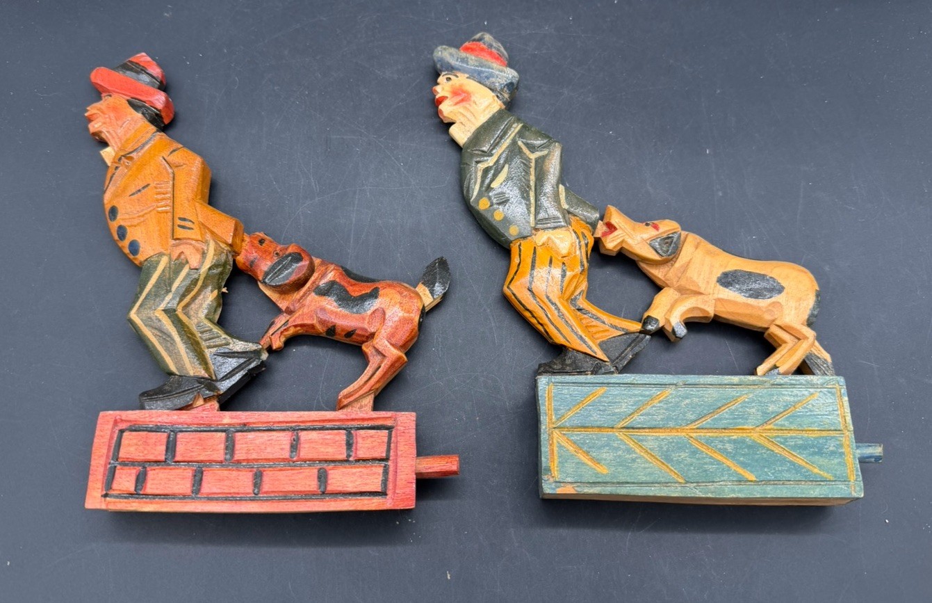 Lot of 2 Vintage Wood Wooden Mechanical Toys Dog Biting Pulling Man\'s Coat