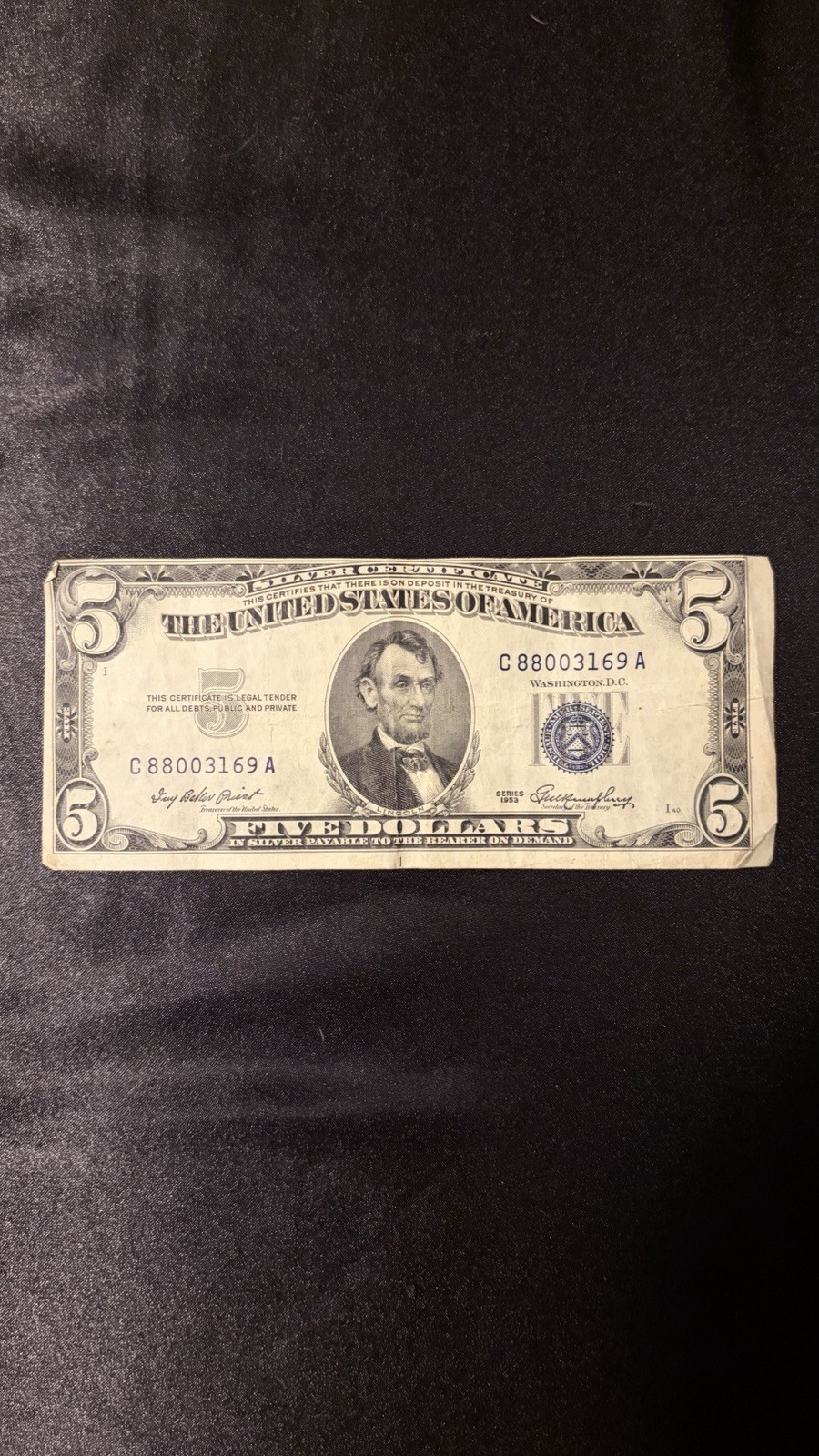Series 1953 U.S $5 Blue Seal Silver Certificate Circulated Serial C88003169A