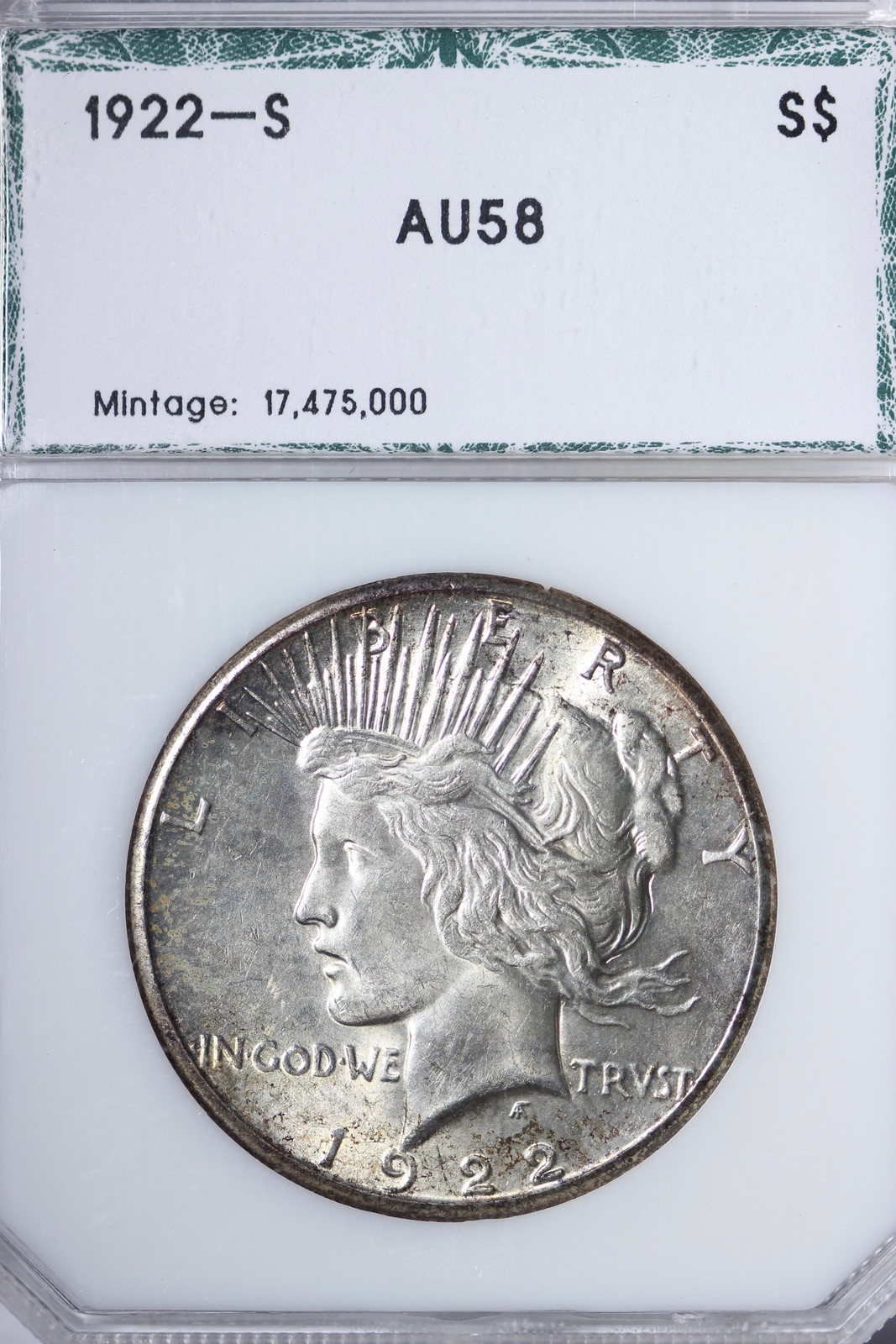 1922-S Peace Silver Dollar PCI AU58 Pleasing Toning On Reverse JVZMX
