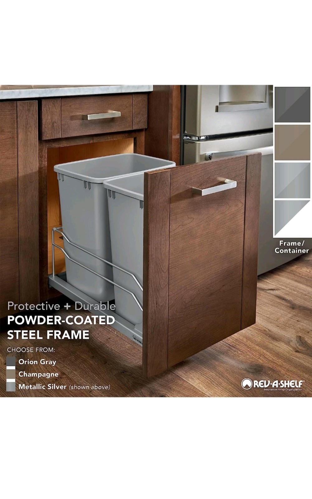 Rev-A-Shelf 53WC-1527SCDM-217 - Double 50 Qt. Pull-Out Silver Waste Container