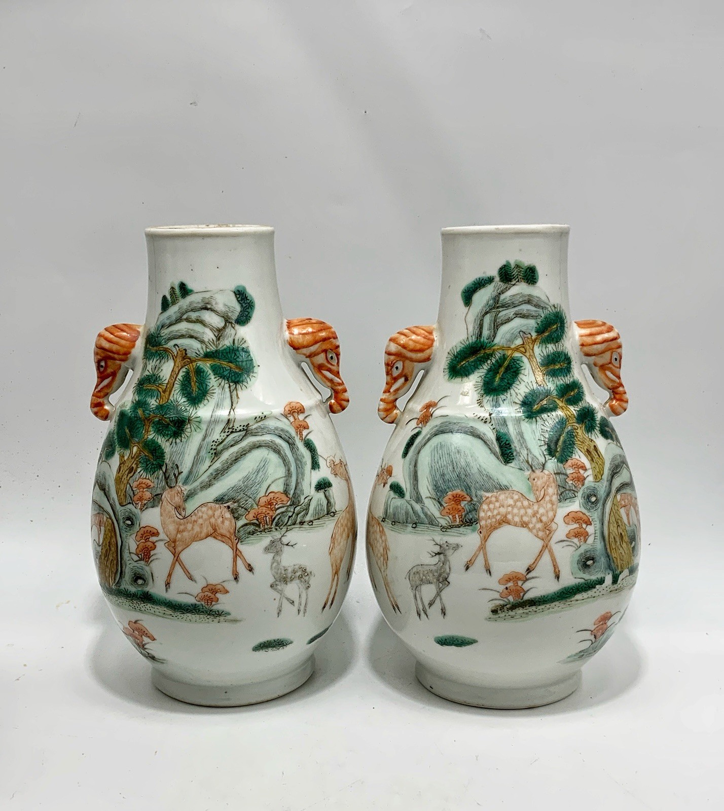 Pair Late Republic Mid 20th c vintage Hu form Famille rose 100 deer style vases
