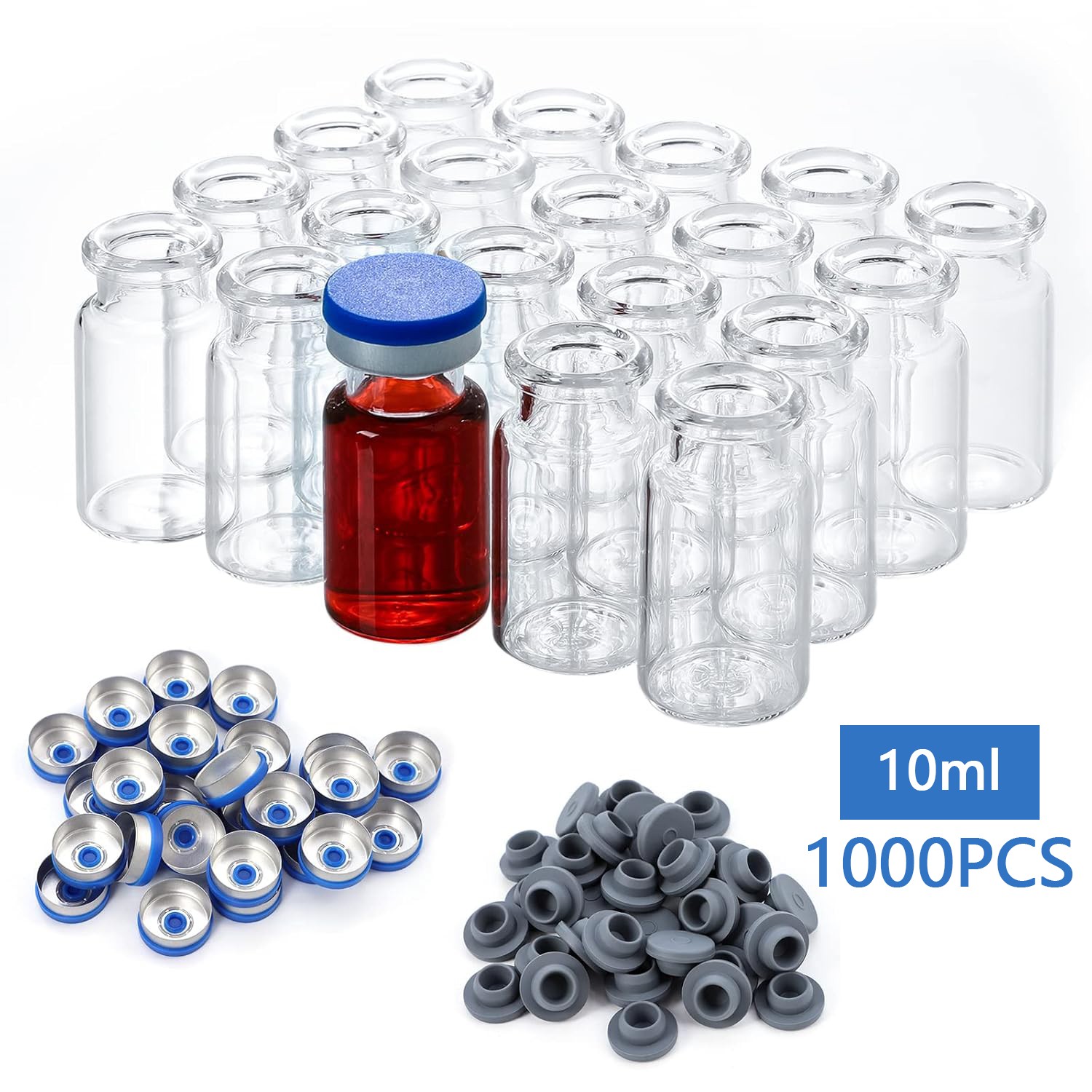 1000pcs 10ml Clear Sample Headspace Vials w/ Cap, Crimp Top Caps Glass Bottles