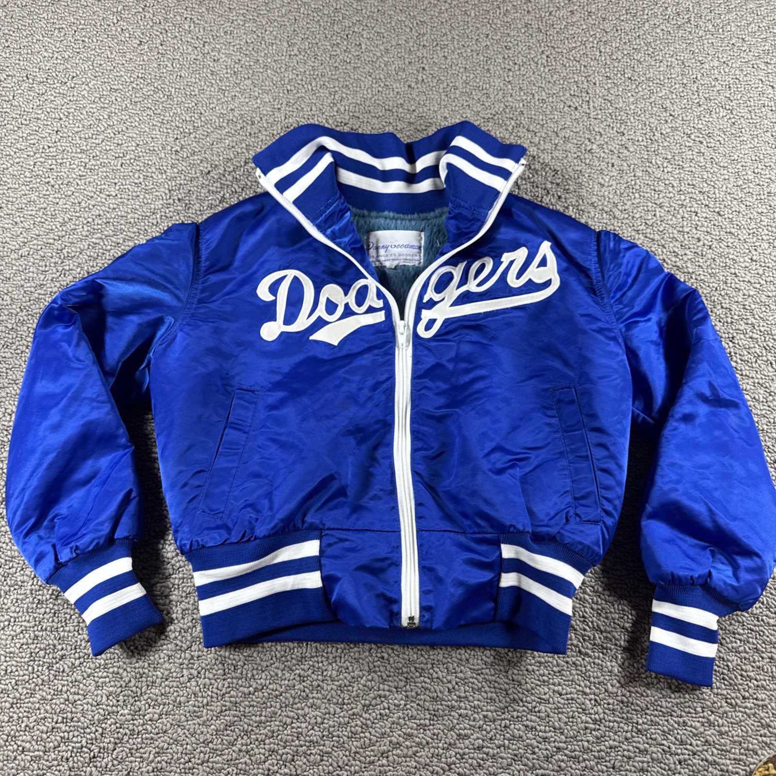 Vintage Danny Goodman LA Dodgers Satin Jacket Youth Medium Blue Fuzzy Lined