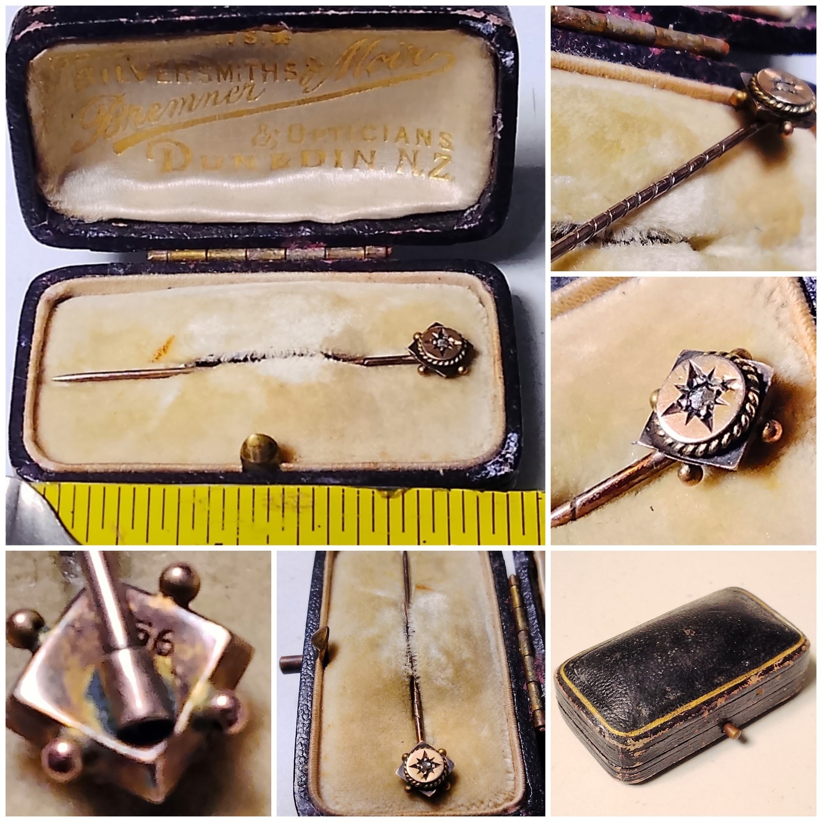 Antique 1880-1910 14ct Gold Diamond Stick Pin 5.1cm in Original Box Dunedin N.Z