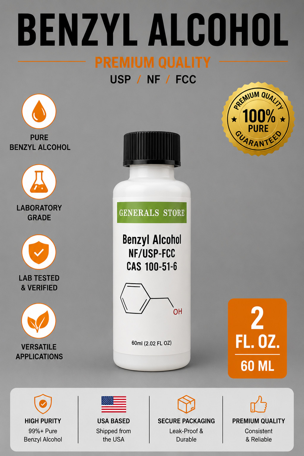 Benzyl Alcohol USP/NF FCC High Purity Lab Grade, Assorted Sizes Benzyl Alcohol USP/NF FCC High Purity Lab Grade, Assorted Sizes