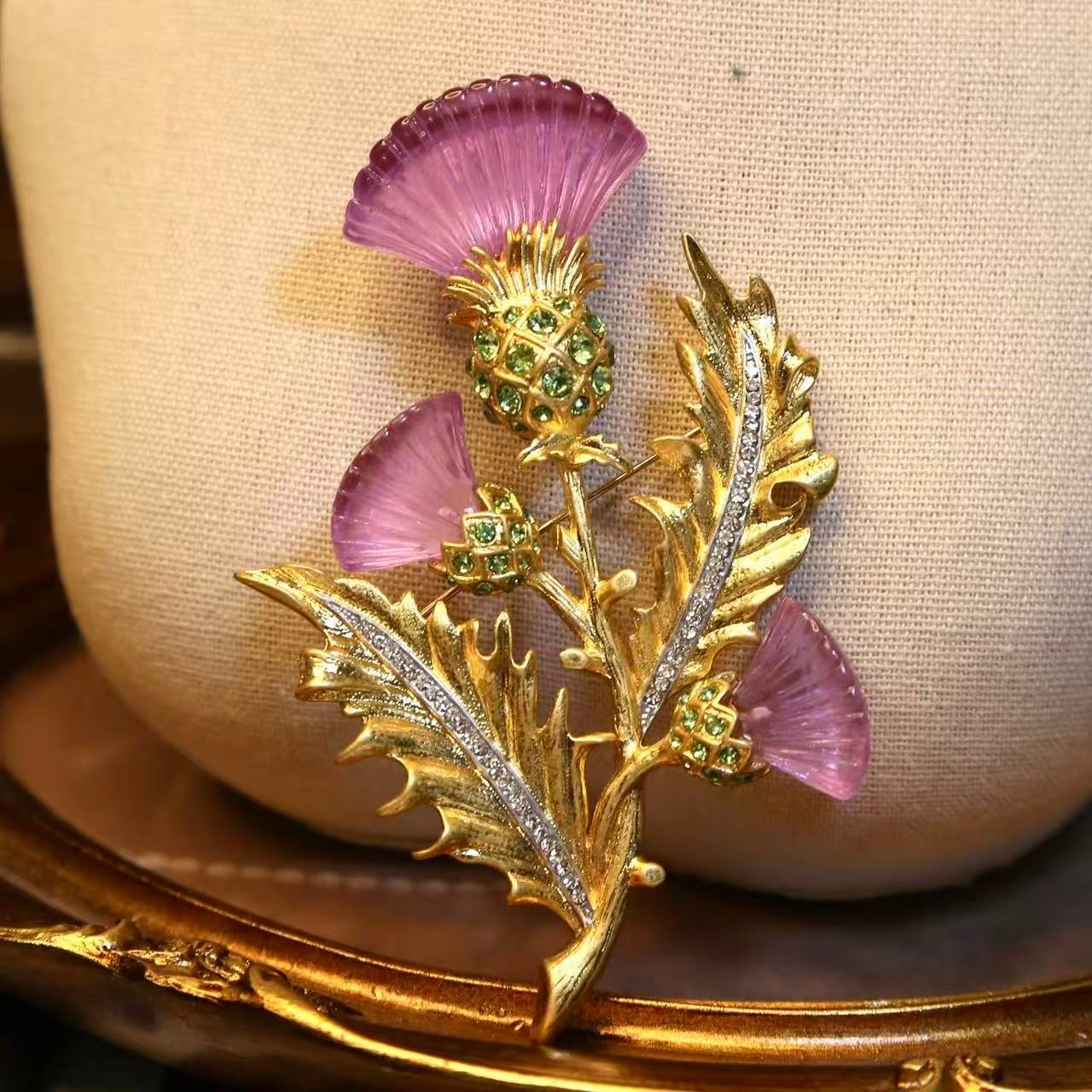 Vintage Thistle Flower Brooch Gold Tone Purple Statement Botanical Pin Gift