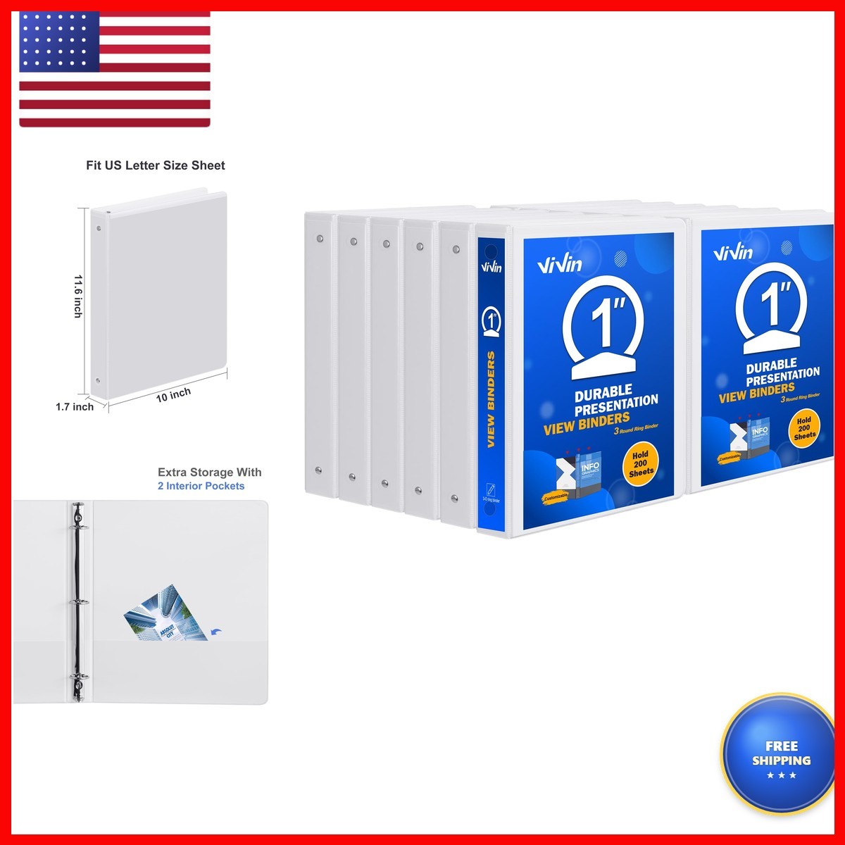 3 Ring Binder 1 Inch, ViVin Sturdy 1