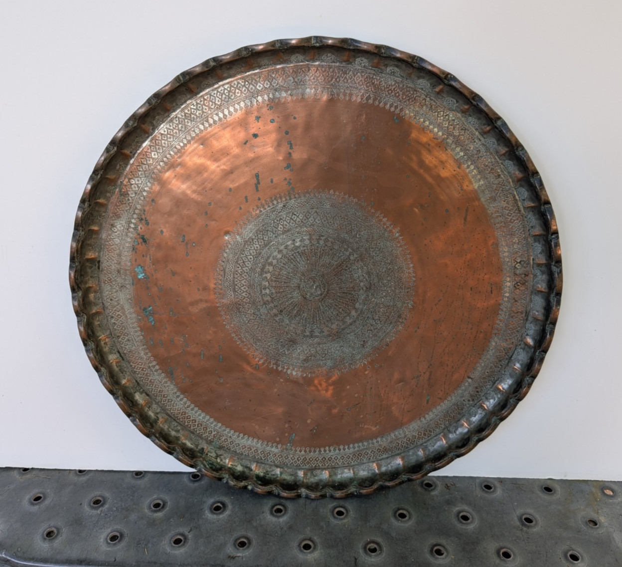Antique Islamic Tinned Copper Tray Large Middle Eastern Signed 28 1/2 Antique Islamic Tinned Copper Tray Large Middle Eastern Signed 28 1/2