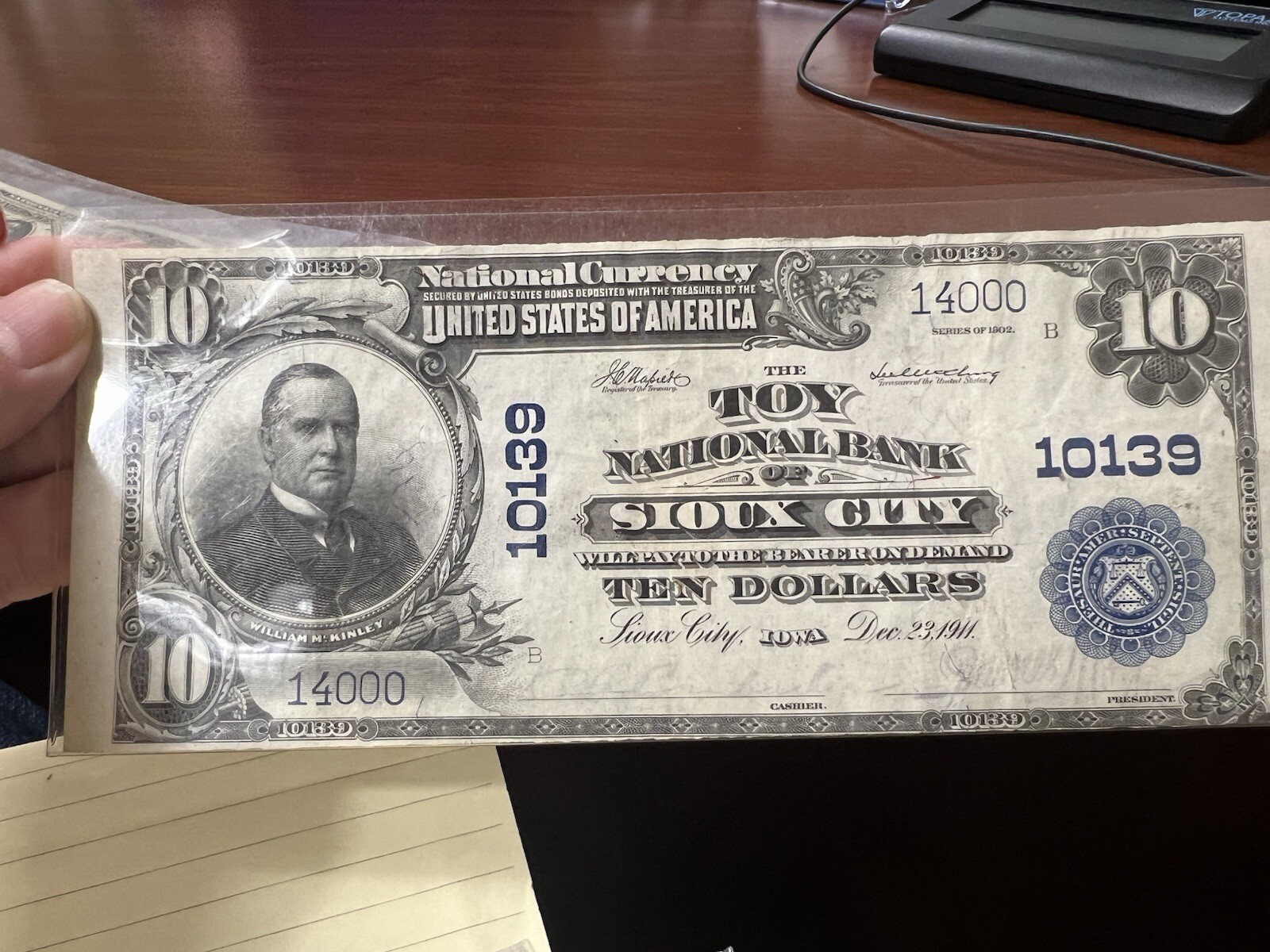 1911, 10.00, Silver certificate, Toy National Bank, Sioux City, Iowa