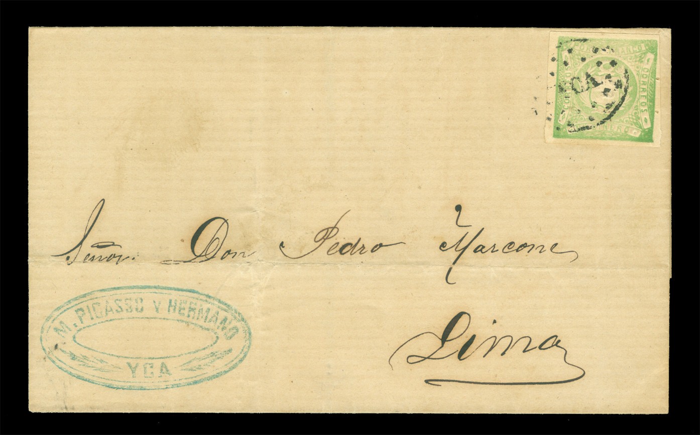 PERU 1868 Coat of Arms 1d green Sc# 14 used VF+ folded letter \
