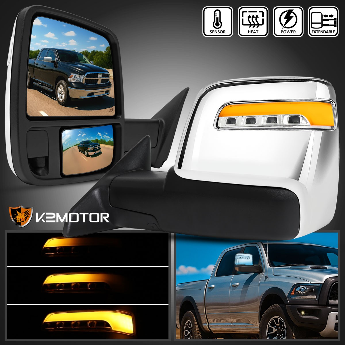2023 Style Fits 2009-2018 Ram Chrome Power Heated Tow Mirrors Sequential Signal 2023 Style Fits 2009-2018 Ram Chrome Power Heated Tow Mirrors Sequential Signal
