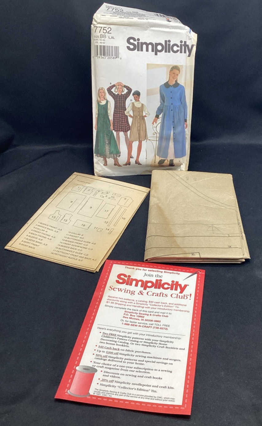 Vtg Sewing Pattern, Simplicity 7752, Dress, BB X-XL, Uncut - ships free Vtg Sewing Pattern, Simplicity 7752, Dress, BB X-XL, Uncut - ships free