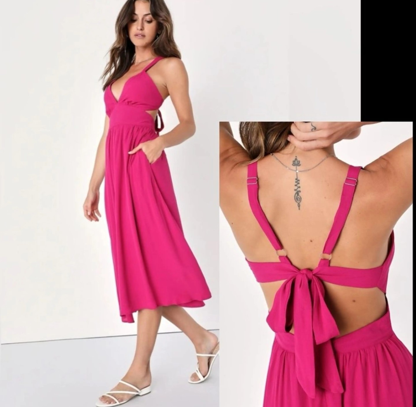 Lulus Bold New Look Magenta Tie-Back Midi Dress Pockets L Babydoll Festival NWT