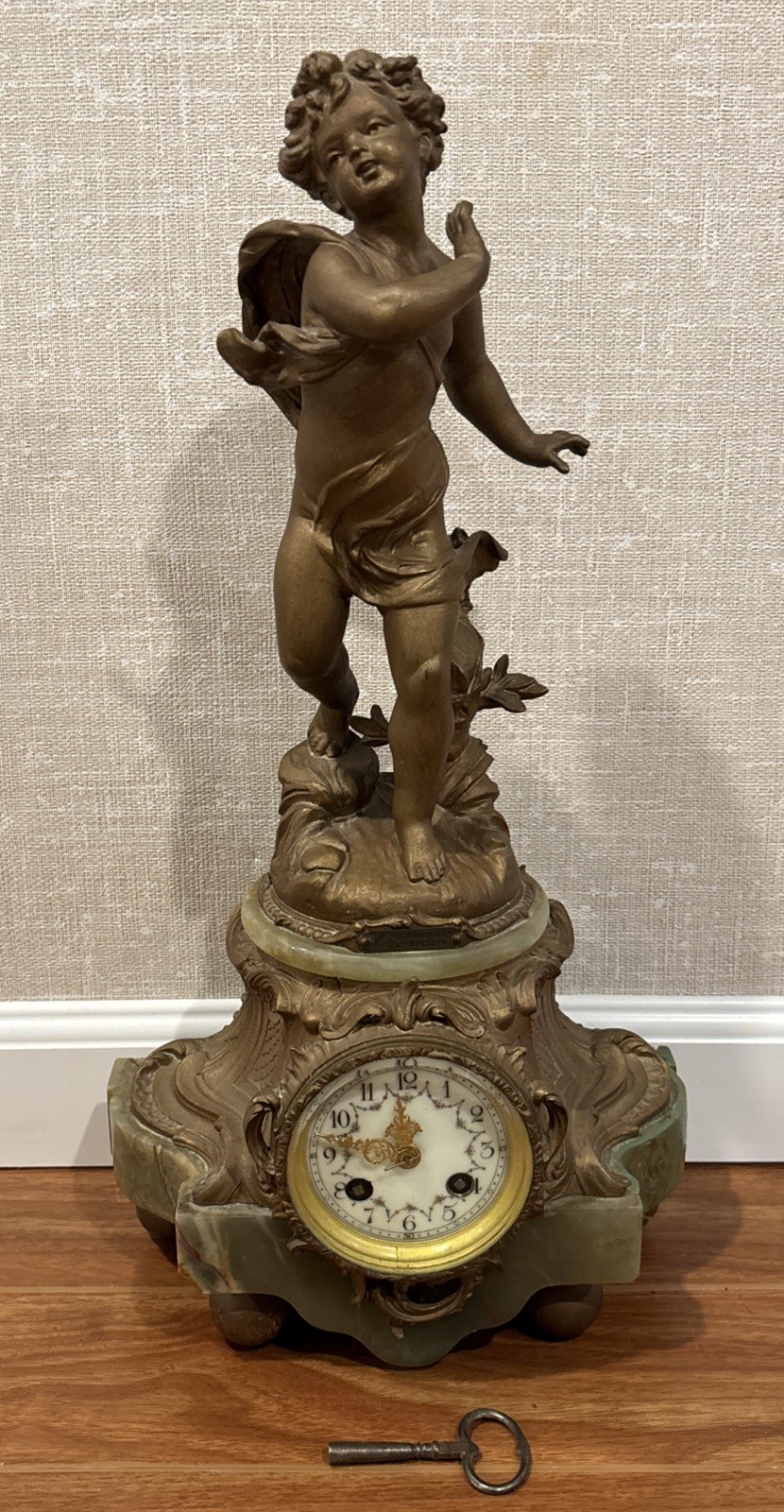 Antique Green Onyx French Statue Clock - Le Ruisseau Par Bruchon - Runs Antique Green Onyx French Statue Clock - Le Ruisseau Par Bruchon - Runs