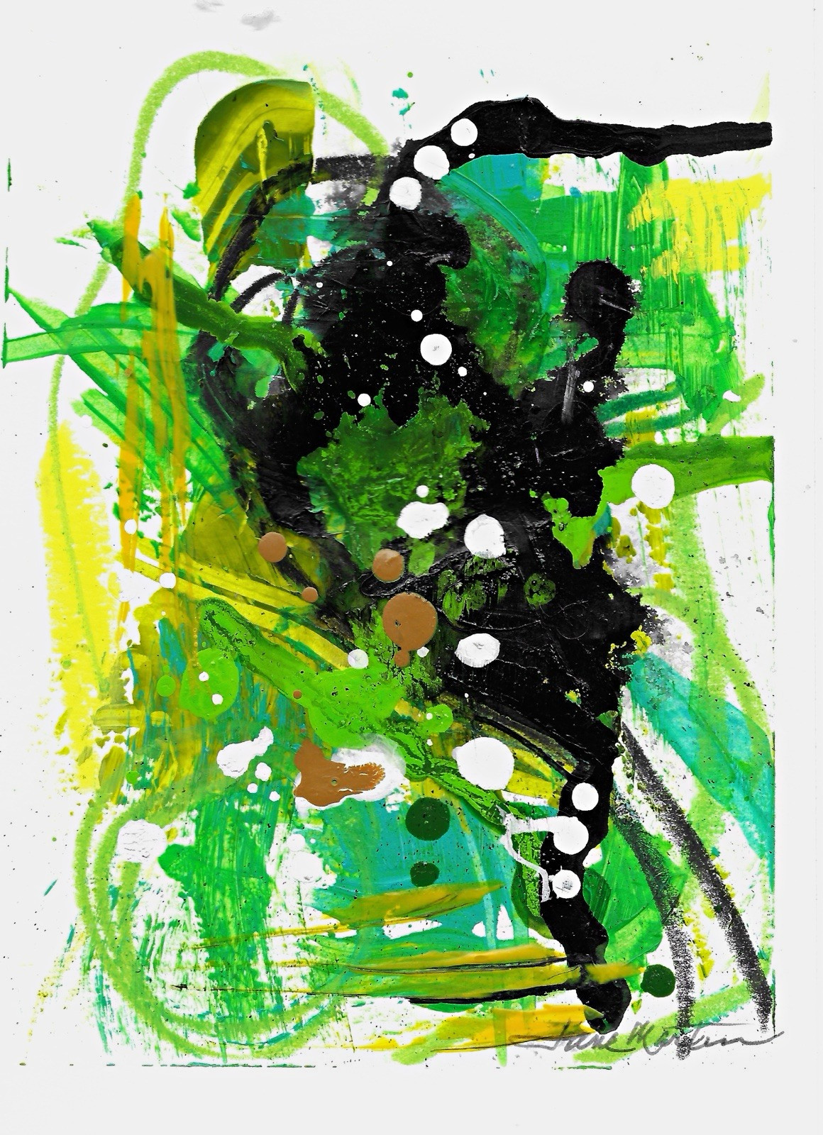 Signed Abstract Green & Black Painting with White Splatter Signed Abstract Green & Black Painting with White Splatter