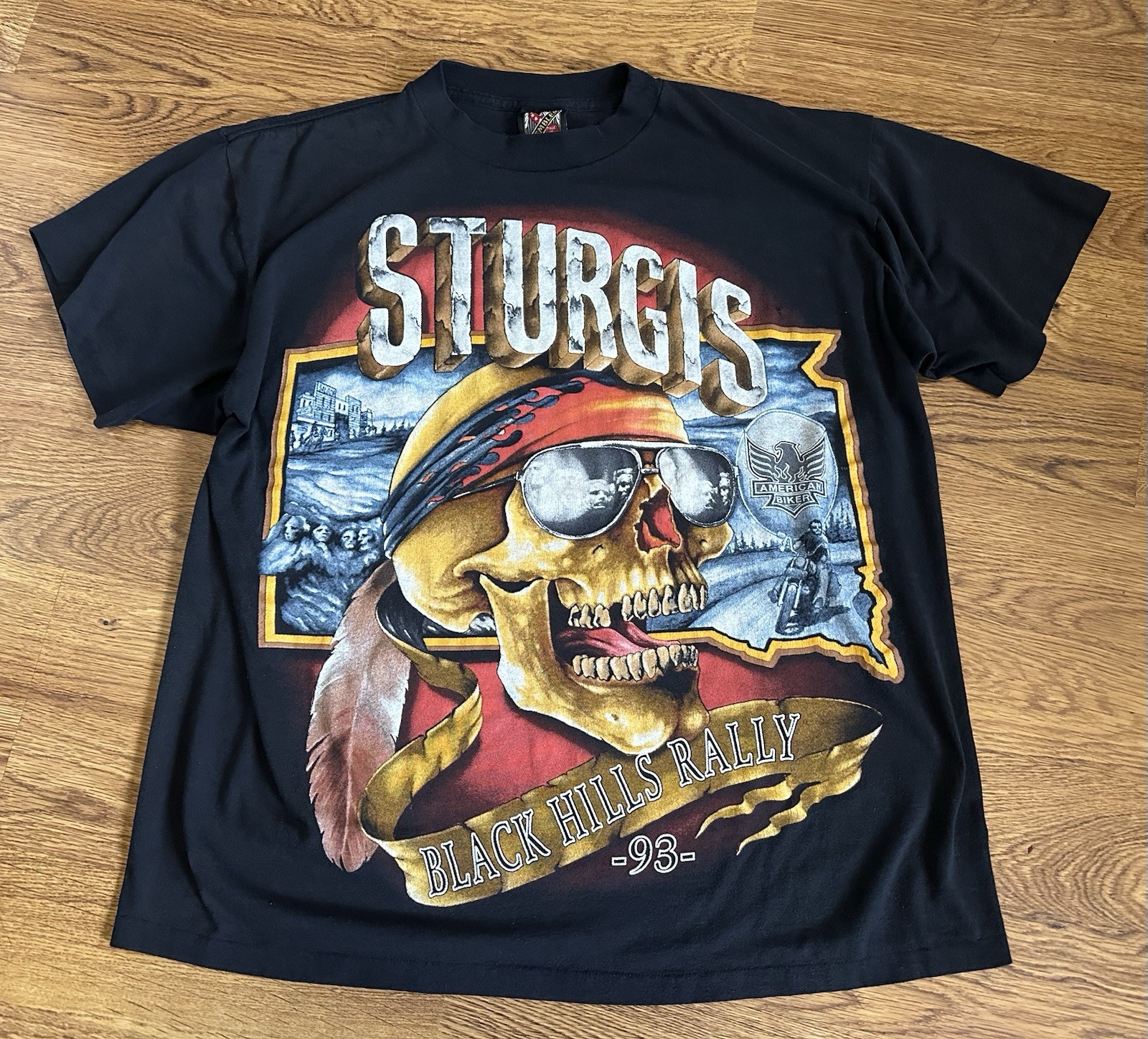 Vintage 90s 1993 Sturgis Black Hills Rally 3D Emblem Biker Tee Skull Black XL Vintage 90s 1993 Sturgis Black Hills Rally 3D Emblem Biker Tee Skull Black XL
