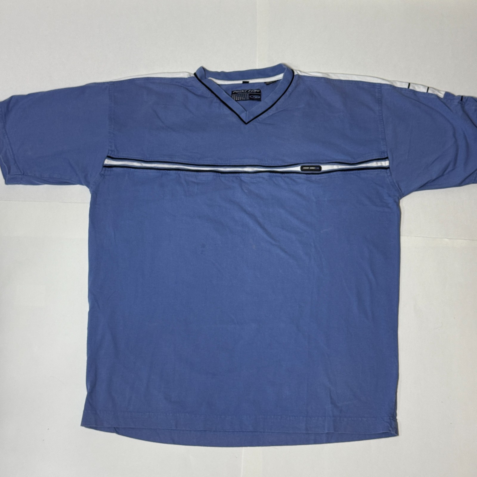 Vintage PointZero Men\'s V Neck Shirt Stripe Blue Short Sleeve