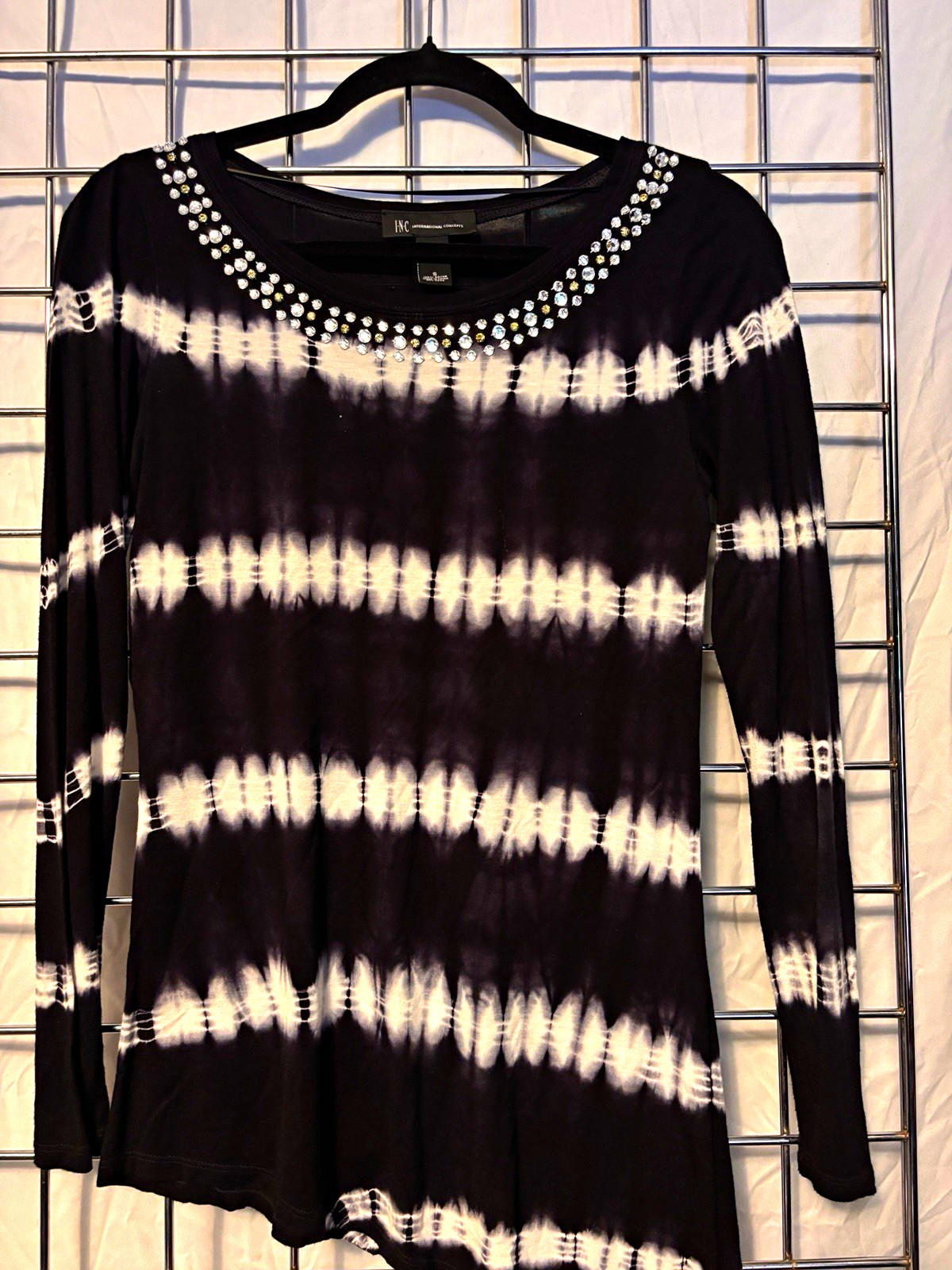 INC International Concepts Women’s Black/White Tie-Dye Rhinestone Top S