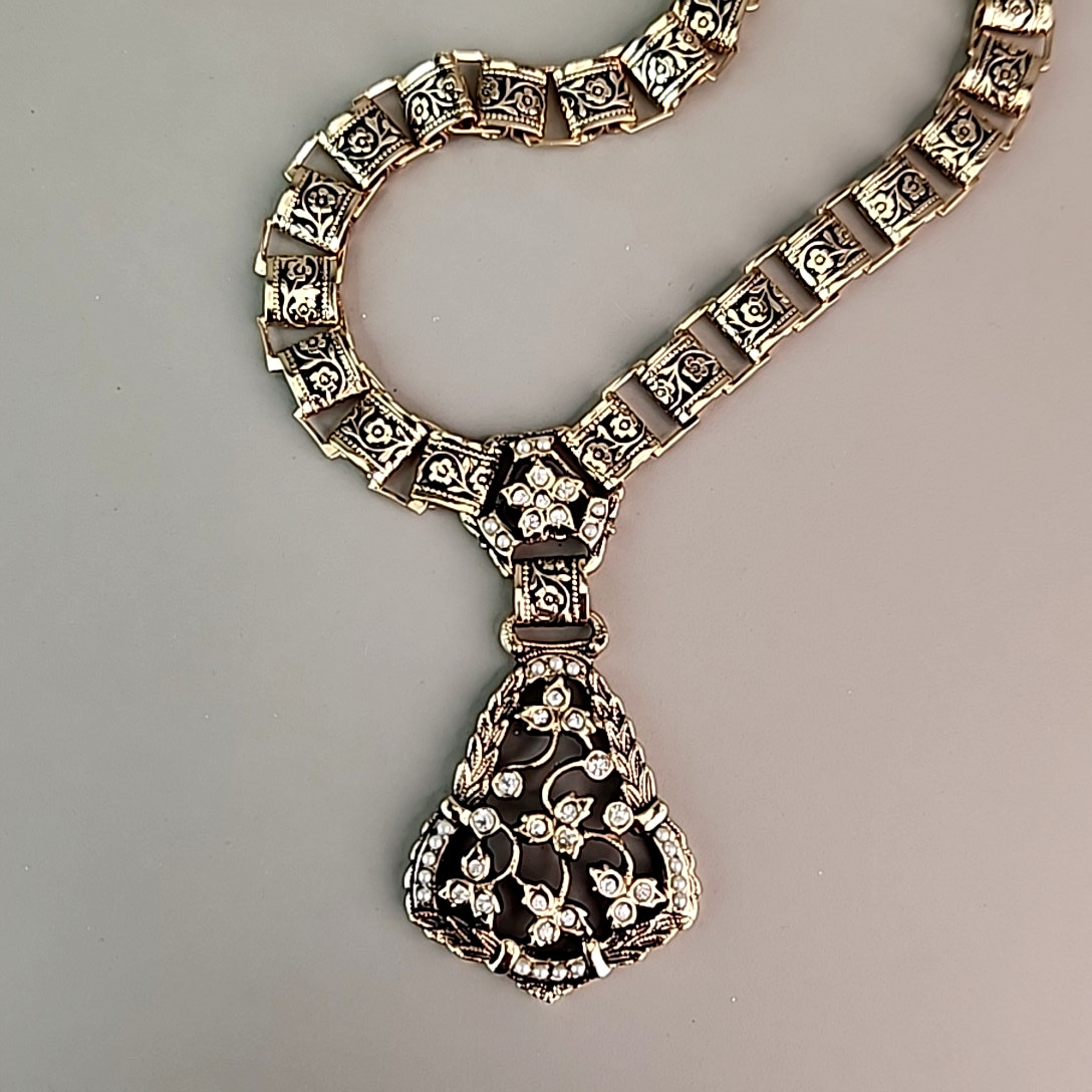 Vintage Book Chain Necklace Blackened Embossed Rhinestones Lavalier Choker 14.5\ Vintage Book Chain Necklace Blackened Embossed Rhinestones Lavalier Choker 14.5\