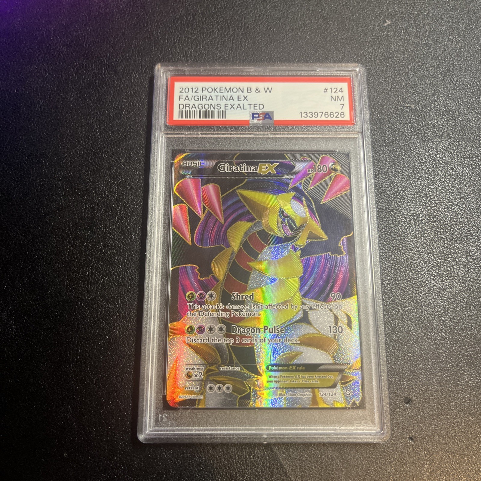 2012 POKEMON BLACK & WHITE DRAGONS EXALTED #124 FA/GIRATINA EX PSA 7